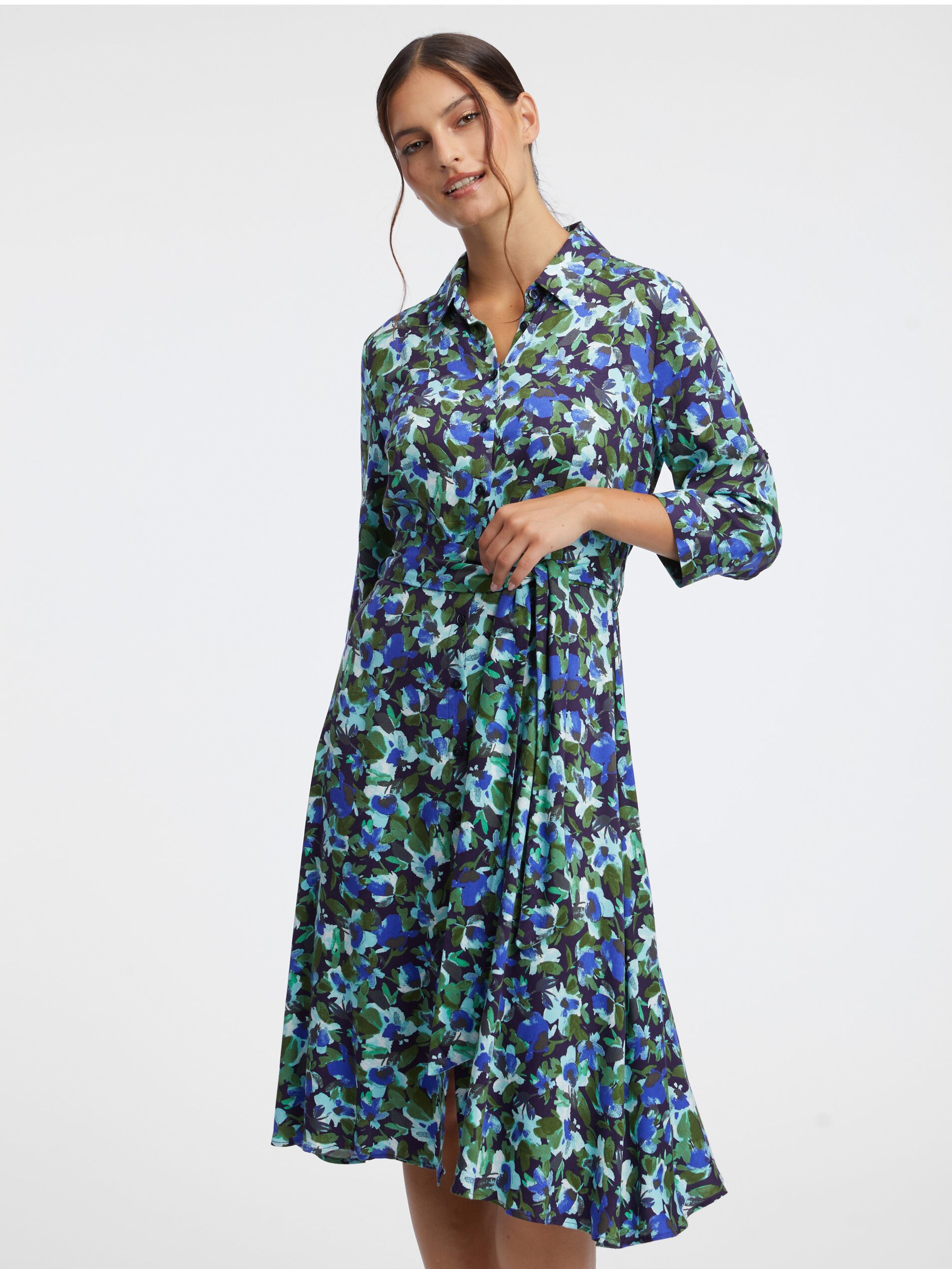 Grünes und blaues geblümtes Hemdblusenkleid Damen ORSAY