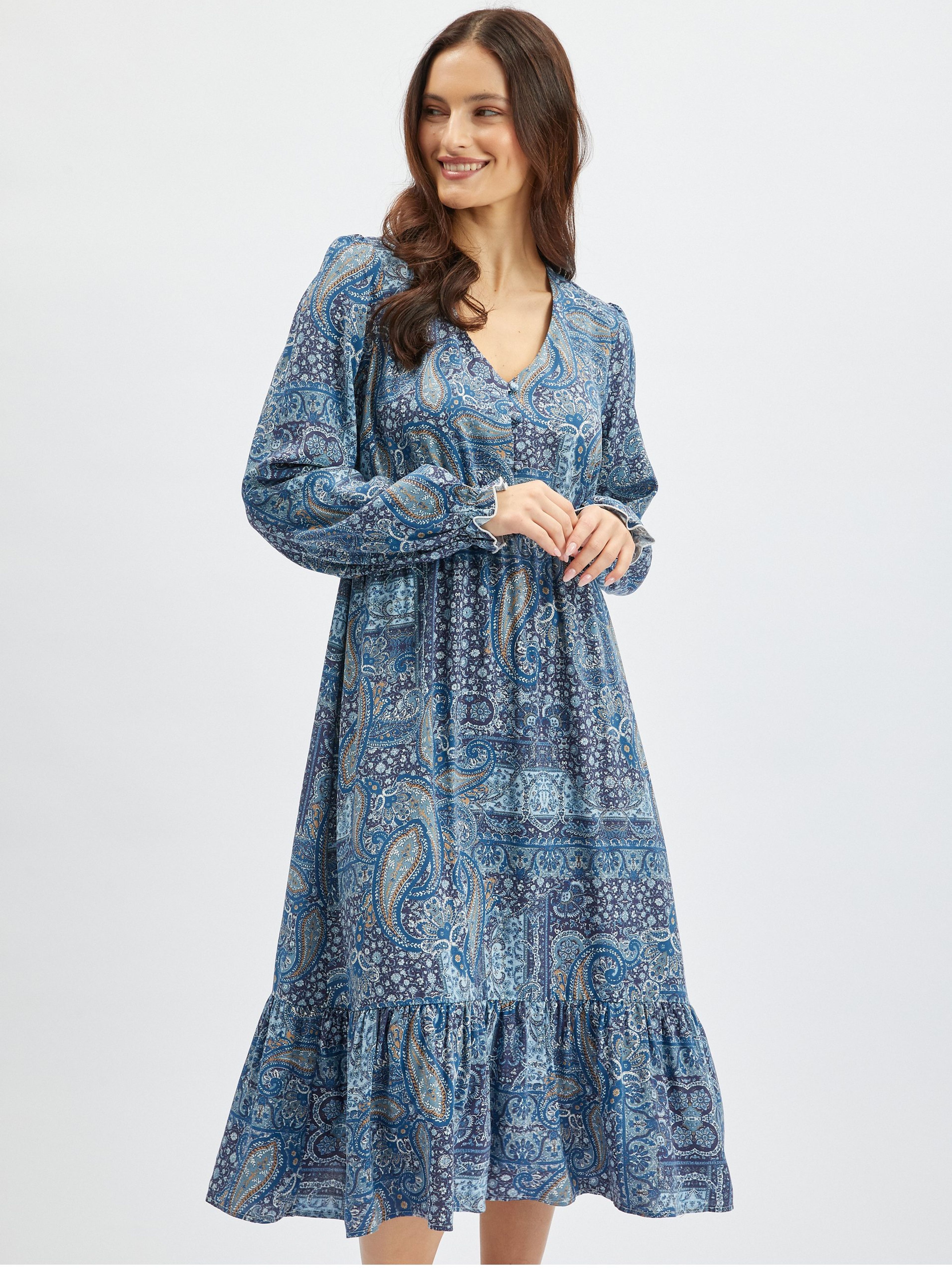 Niebieska damska wzorzysta sukienka midi ORSAY