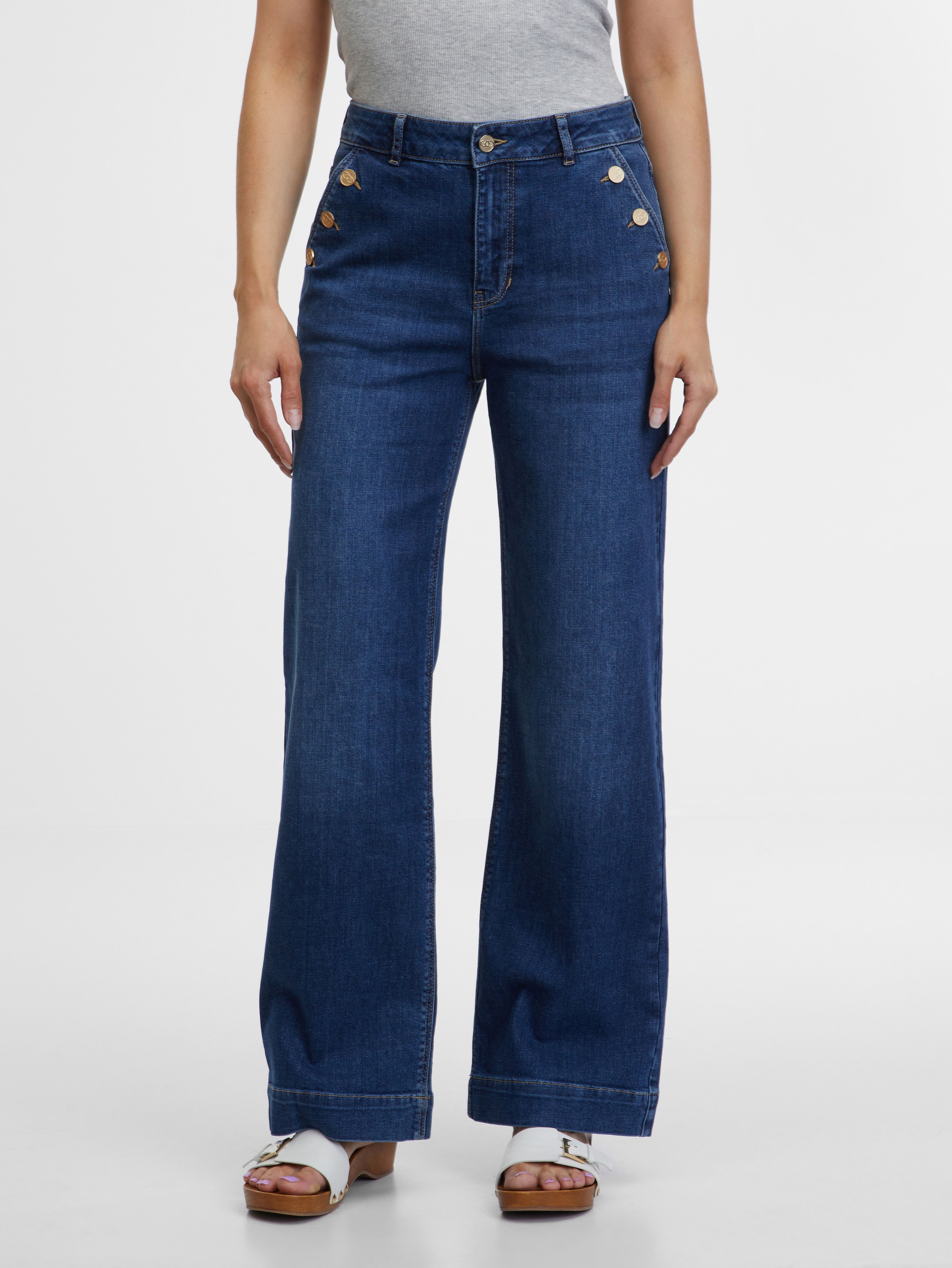 Granatowe jeansy damskie z szeroką nogawką ORSAY