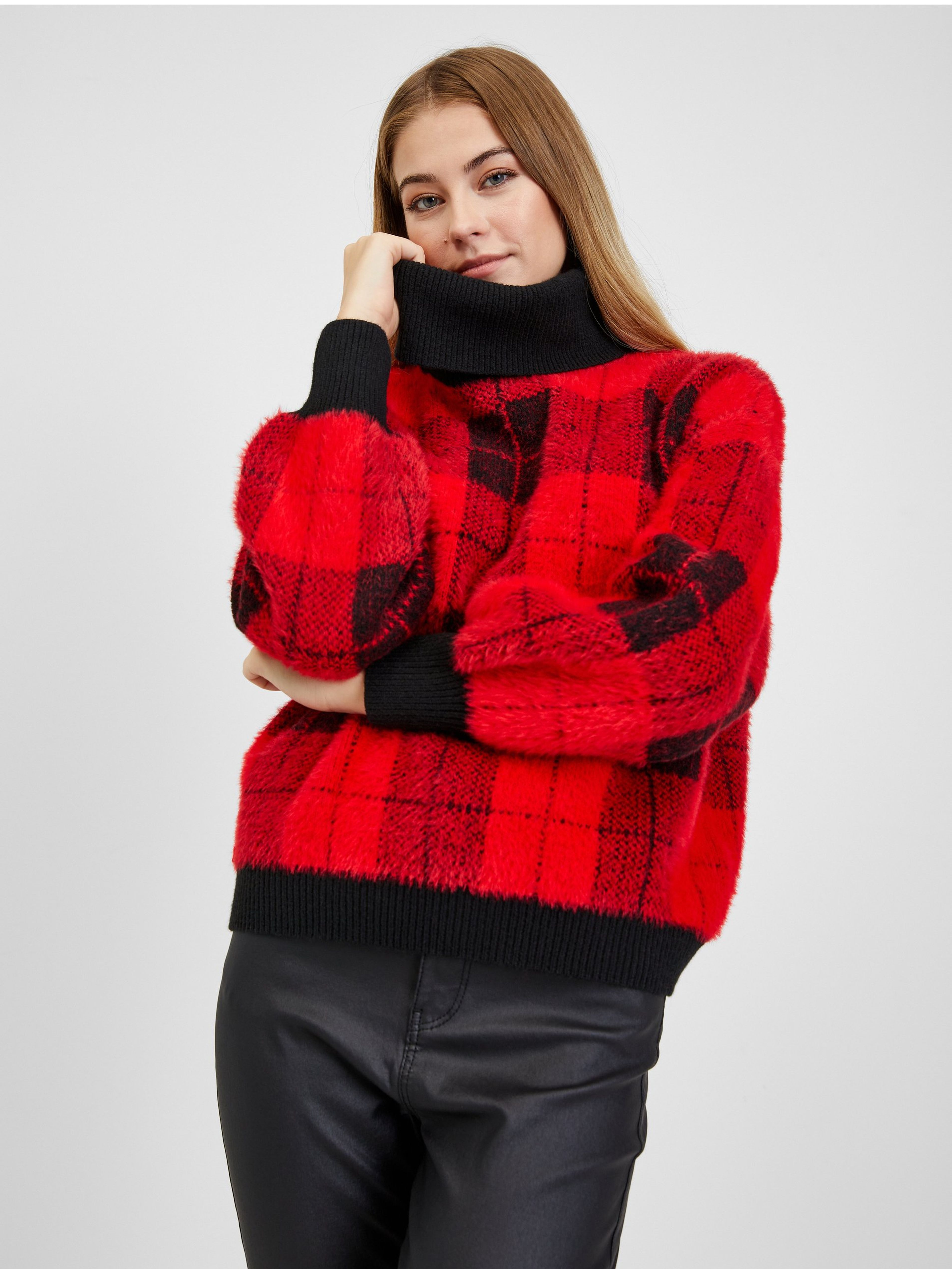 ORSAY fekete-piros kockás női pulóver