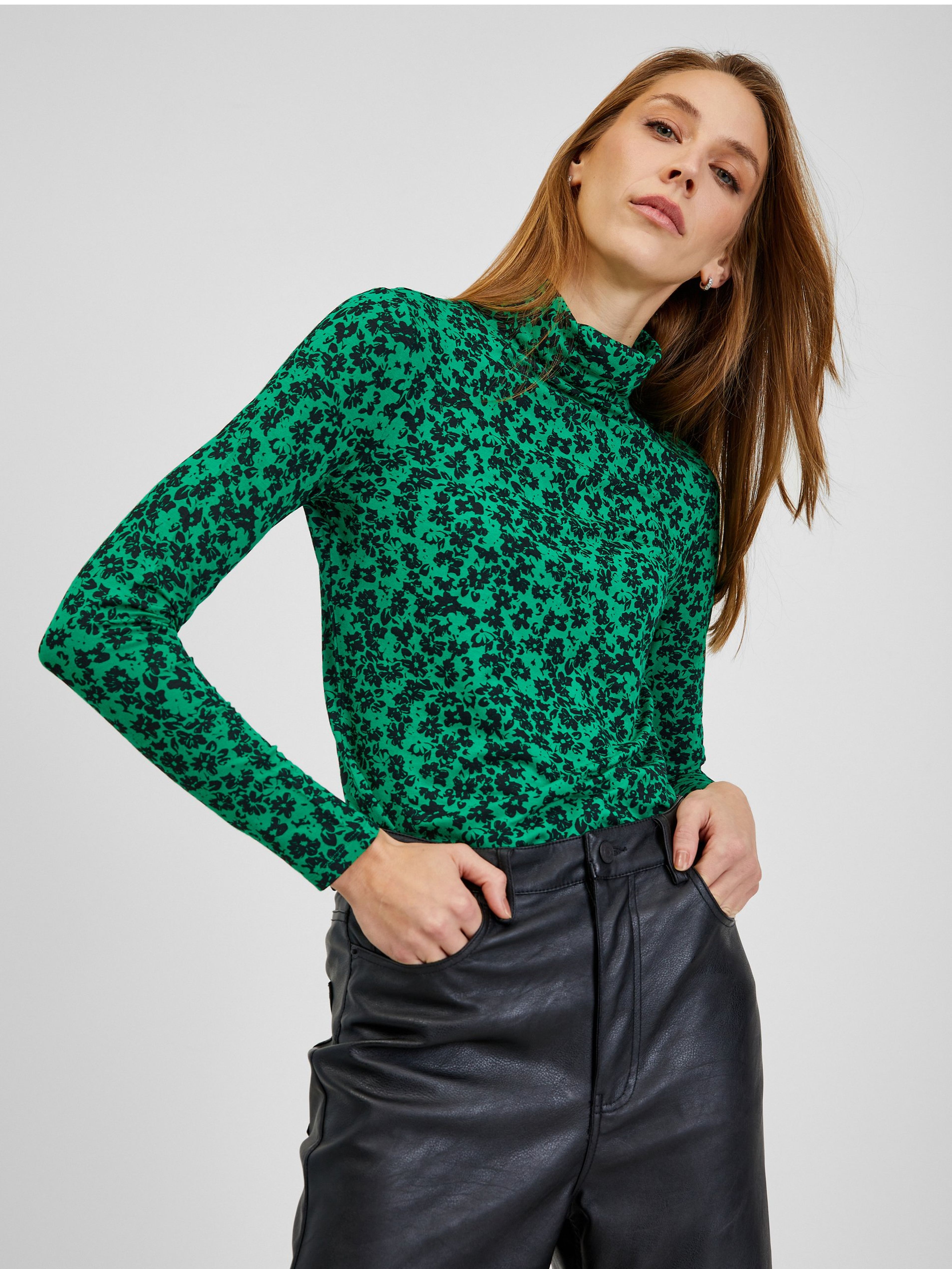 Bluză cu guler cu model verde de damă ORSAY
