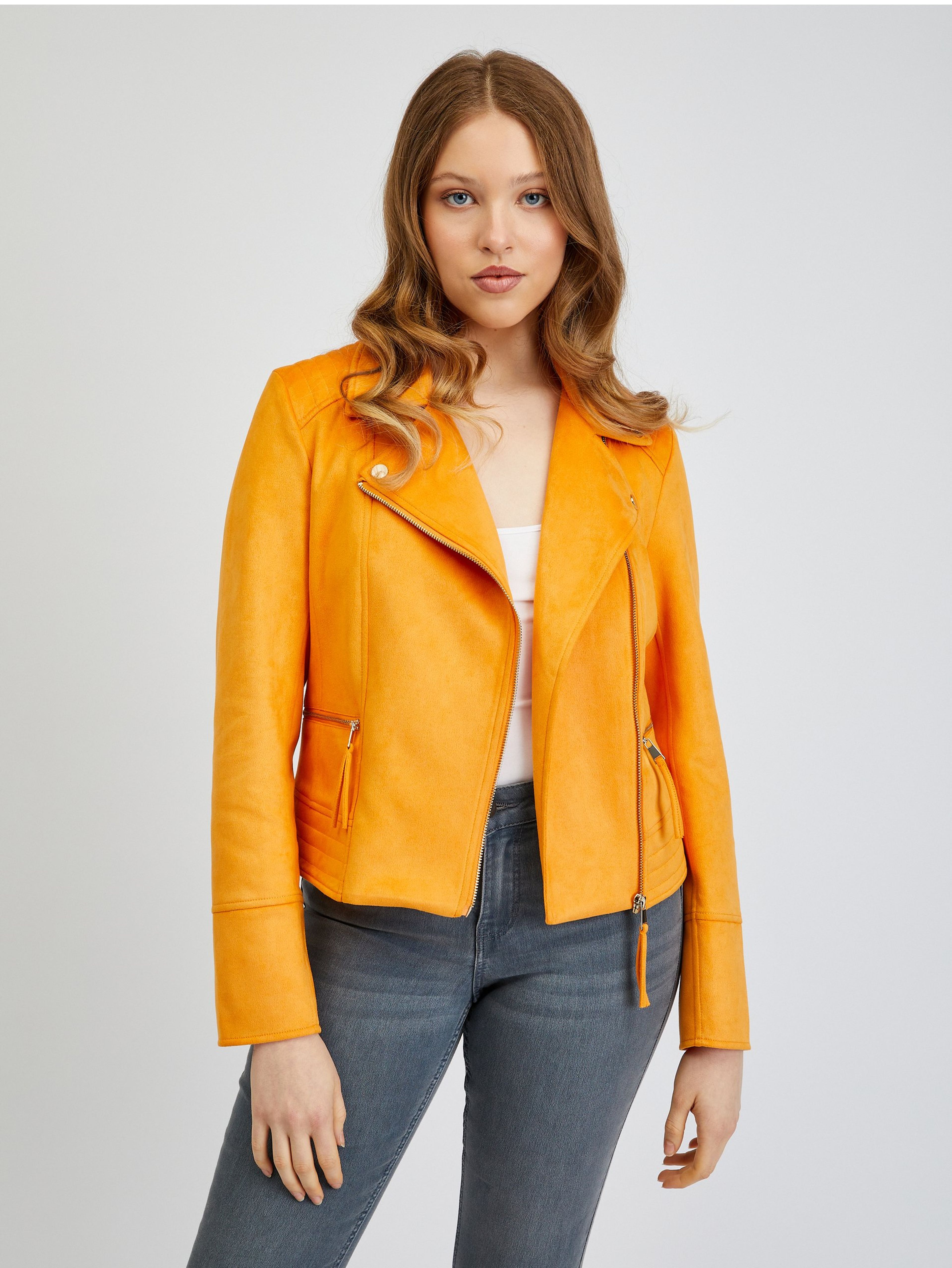 Oranžová dámska kožená bunda zo semišu ORSAY
