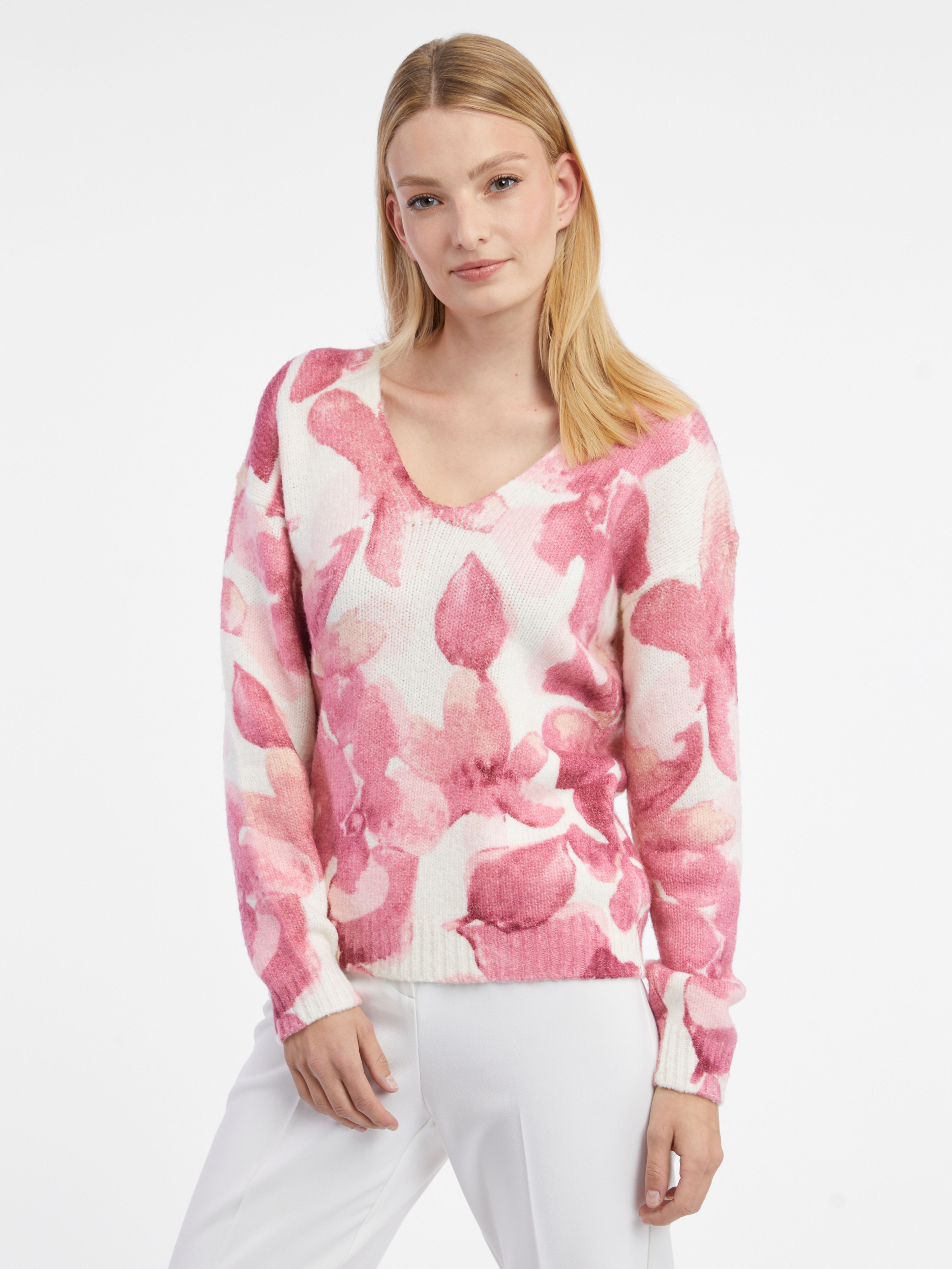 Růžovo-bílý dámský květovaný svetr ORSAY