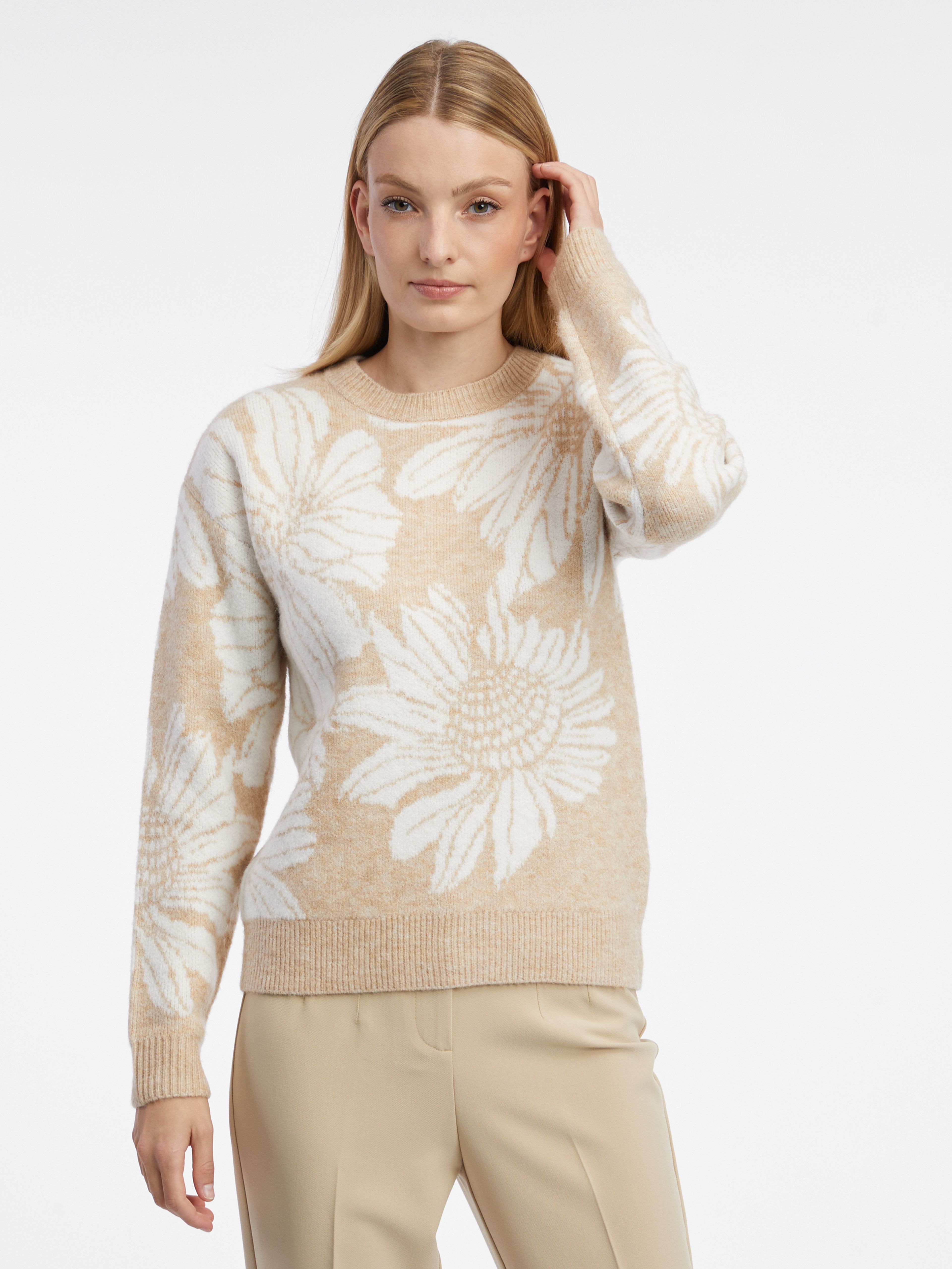 ORSAY fehér és bézs női virágos pulóver