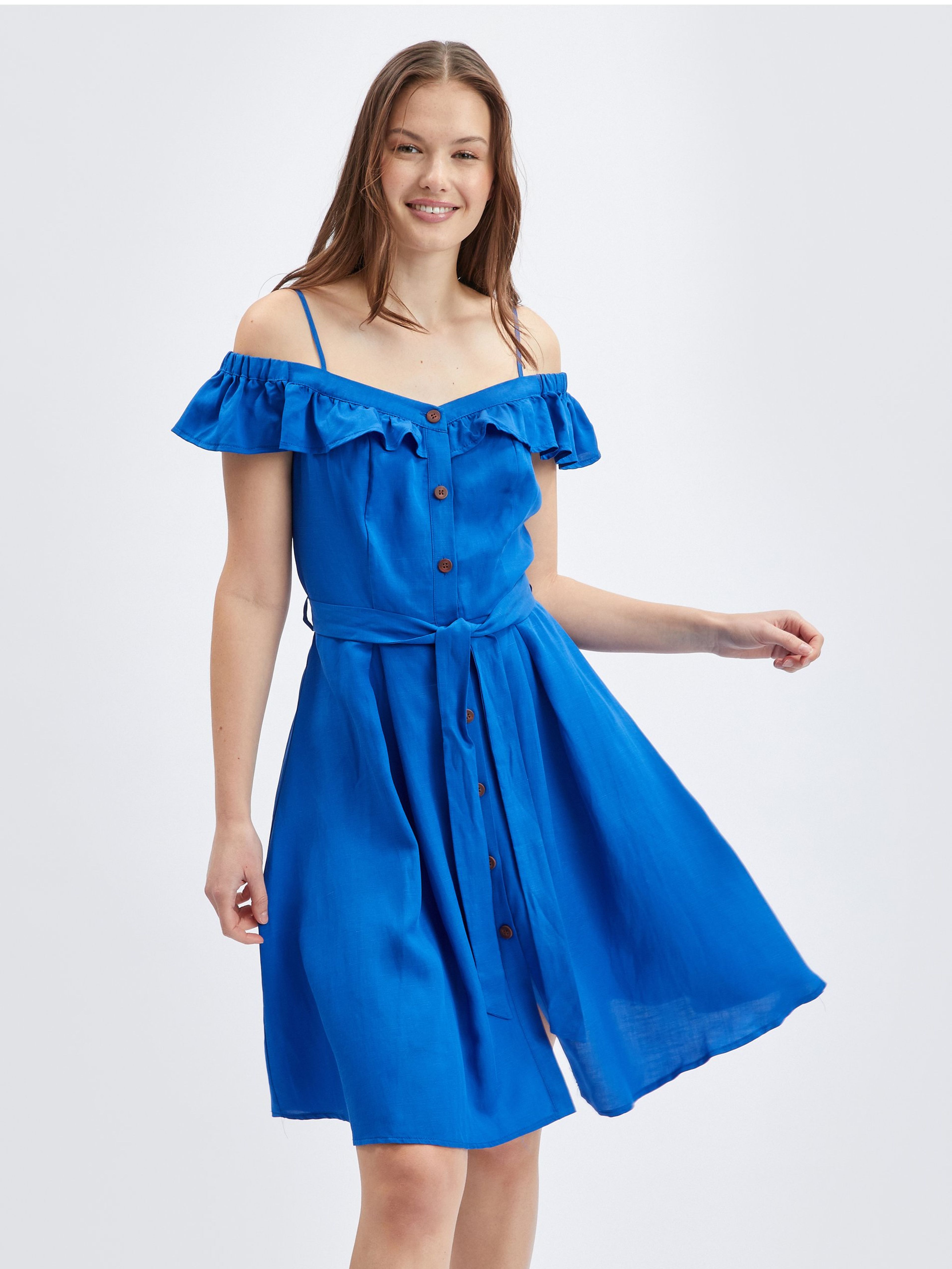 Blaues Damenkleid mit Leinen ORSAY