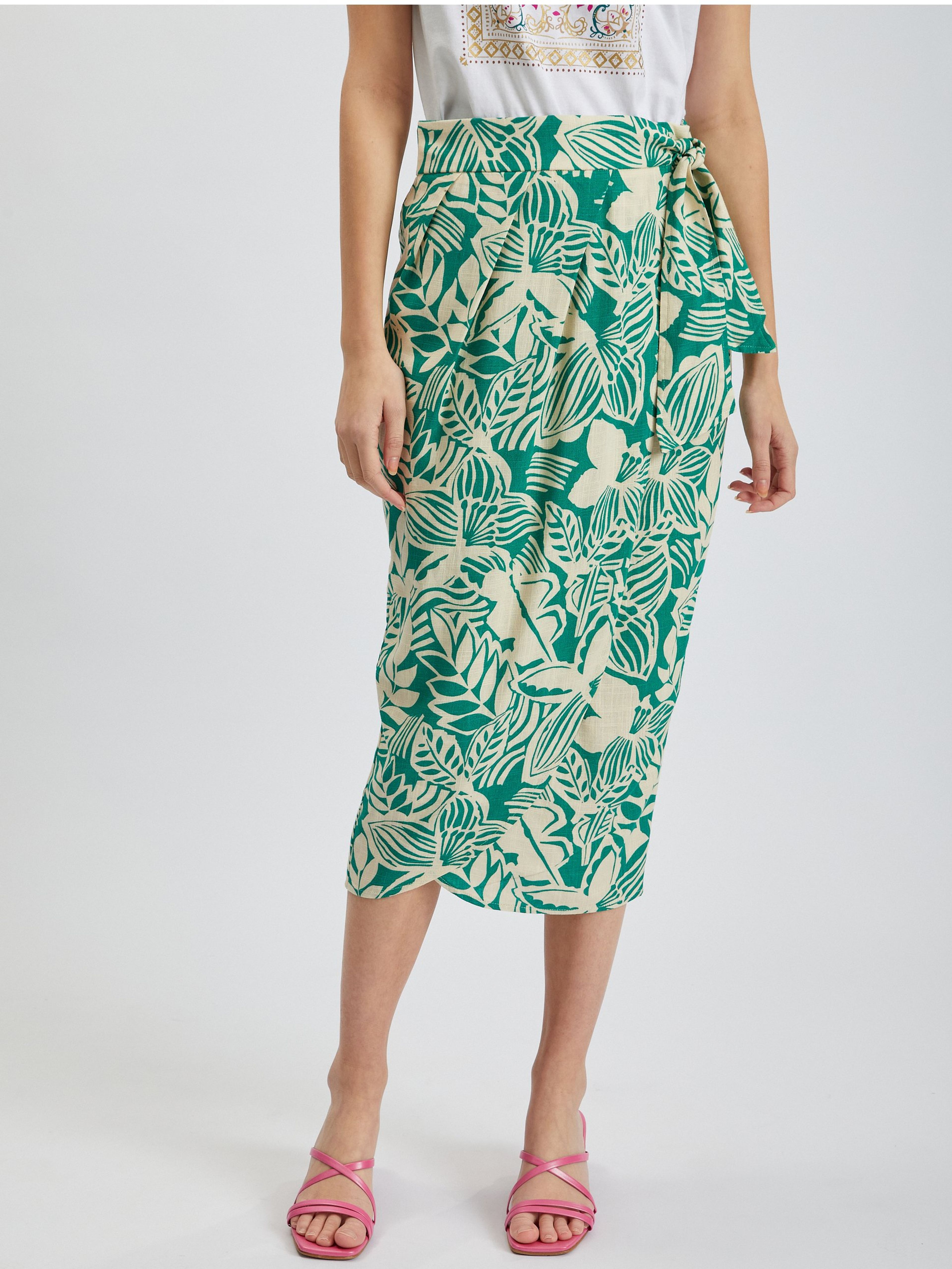 Krémová a zelená dámska vzorovaná zavinovacia midi sukňa s plátnom ORSAY