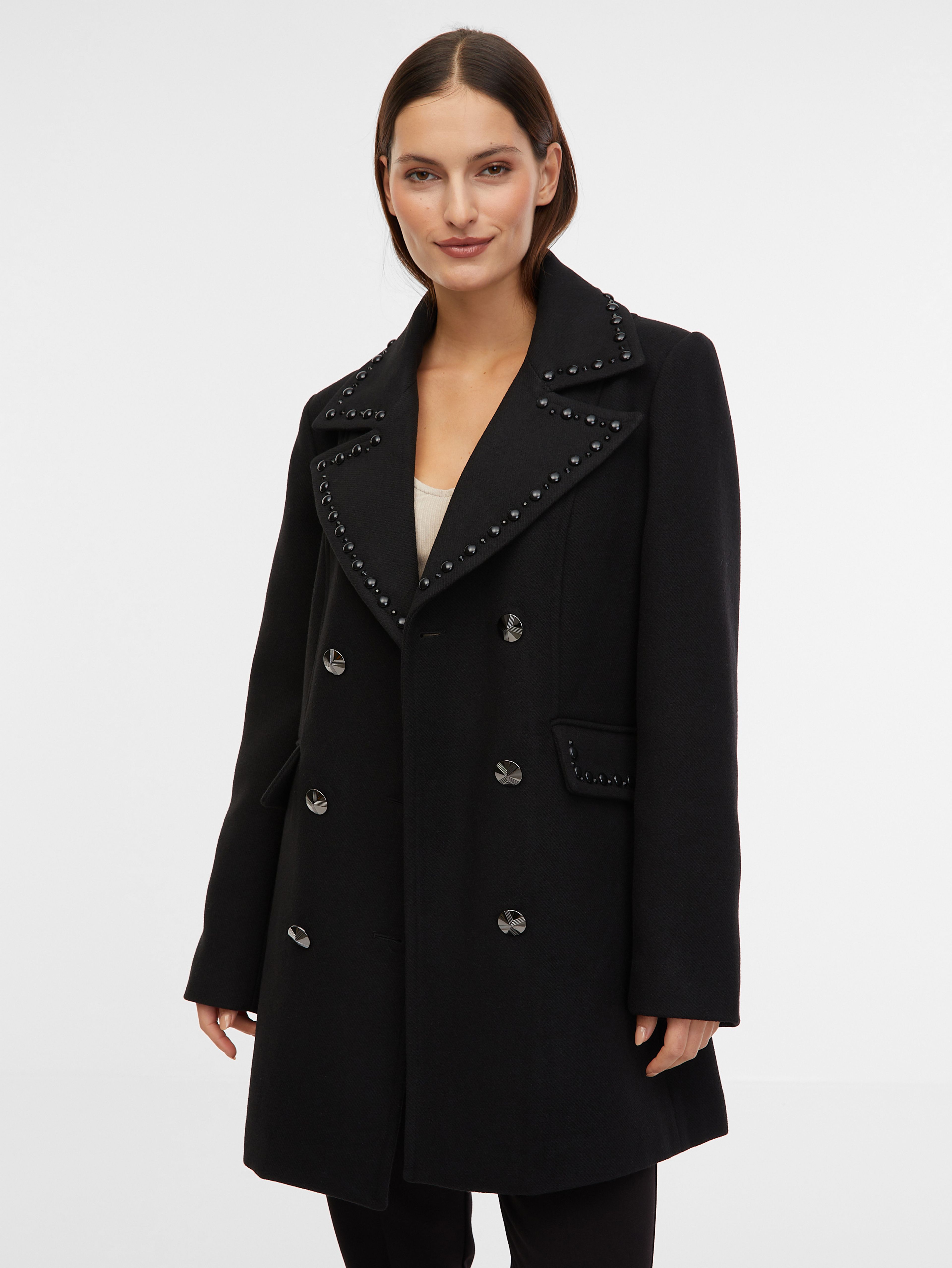 Čierny dámsky kabát z prímesi vlny ORSAY