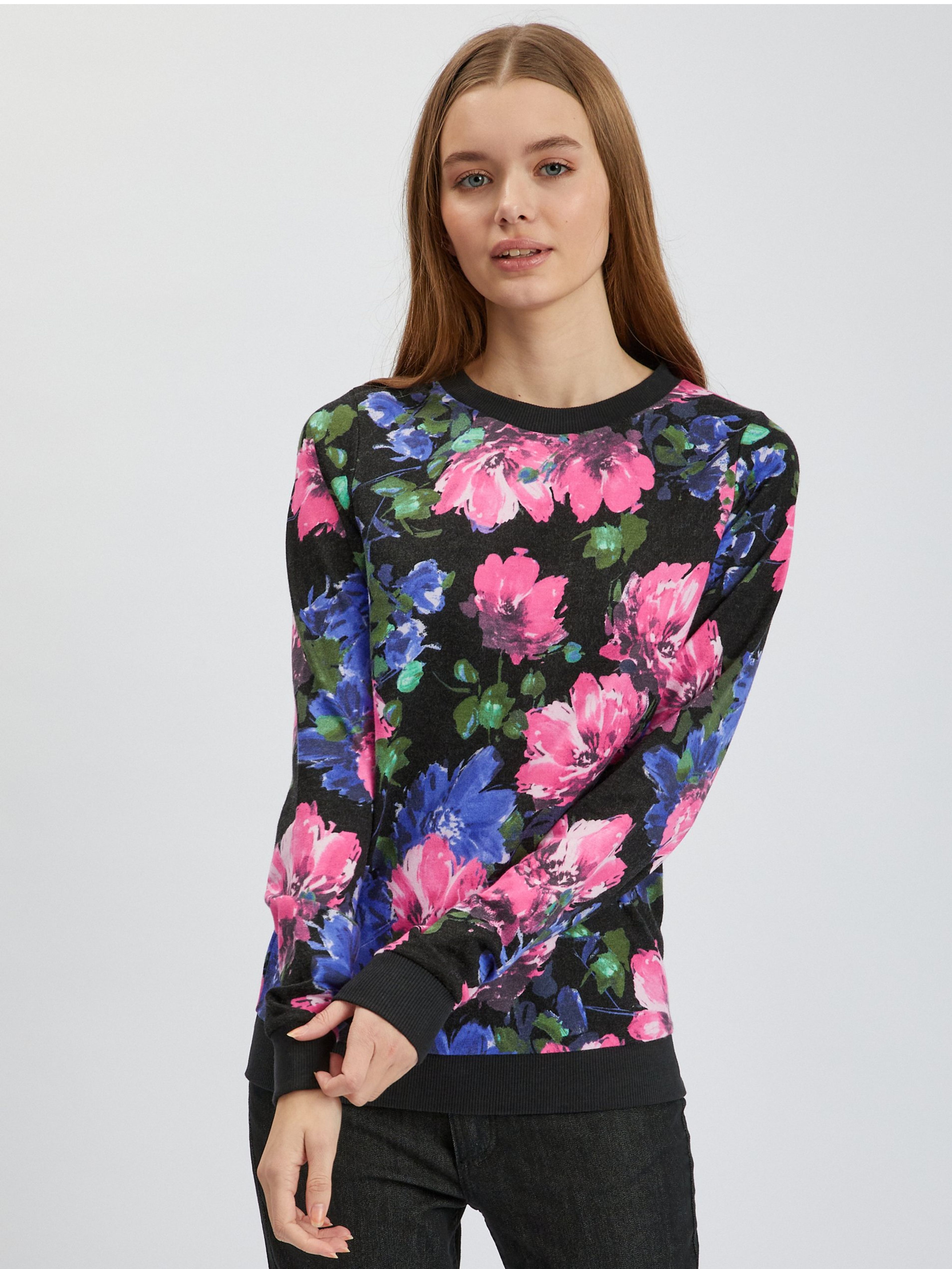 Różowo-czarna damska bluza w kwiaty ORSAY