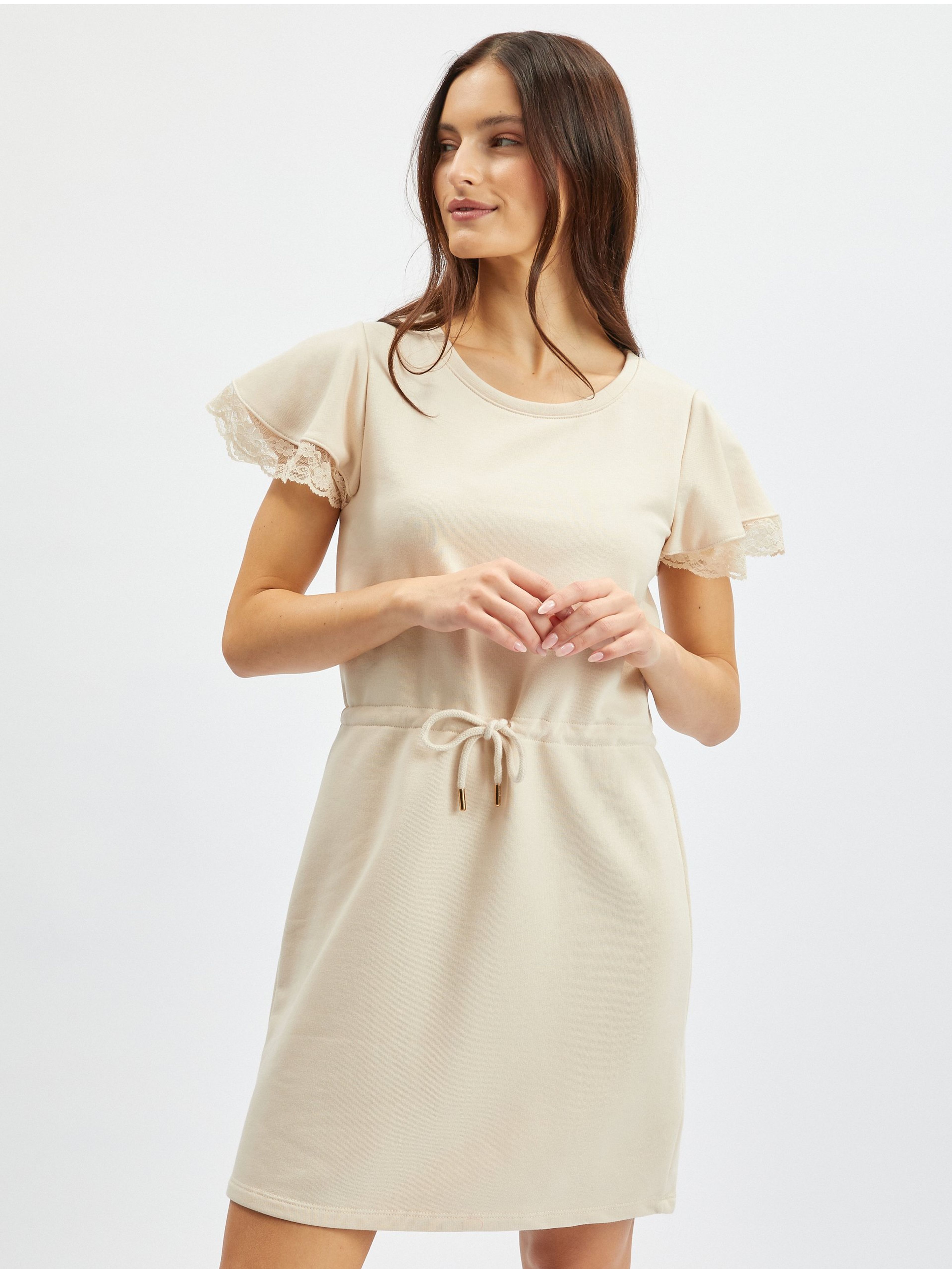 ORSAY bézs színű női kapucnis ruha csipkével