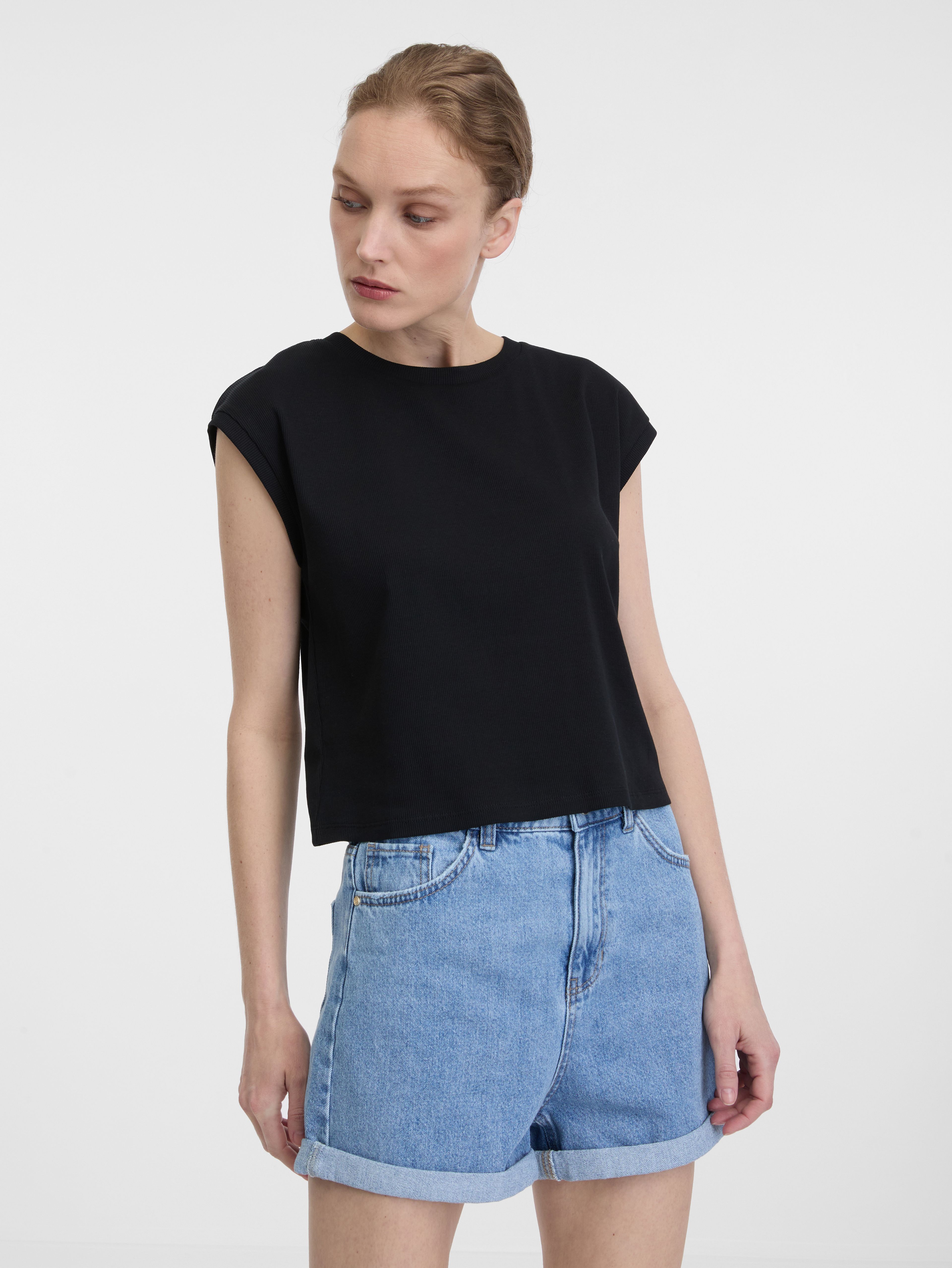 Schwarzes Damen Crop-T-Shirt mit kurzen Ärmeln ORSAY
