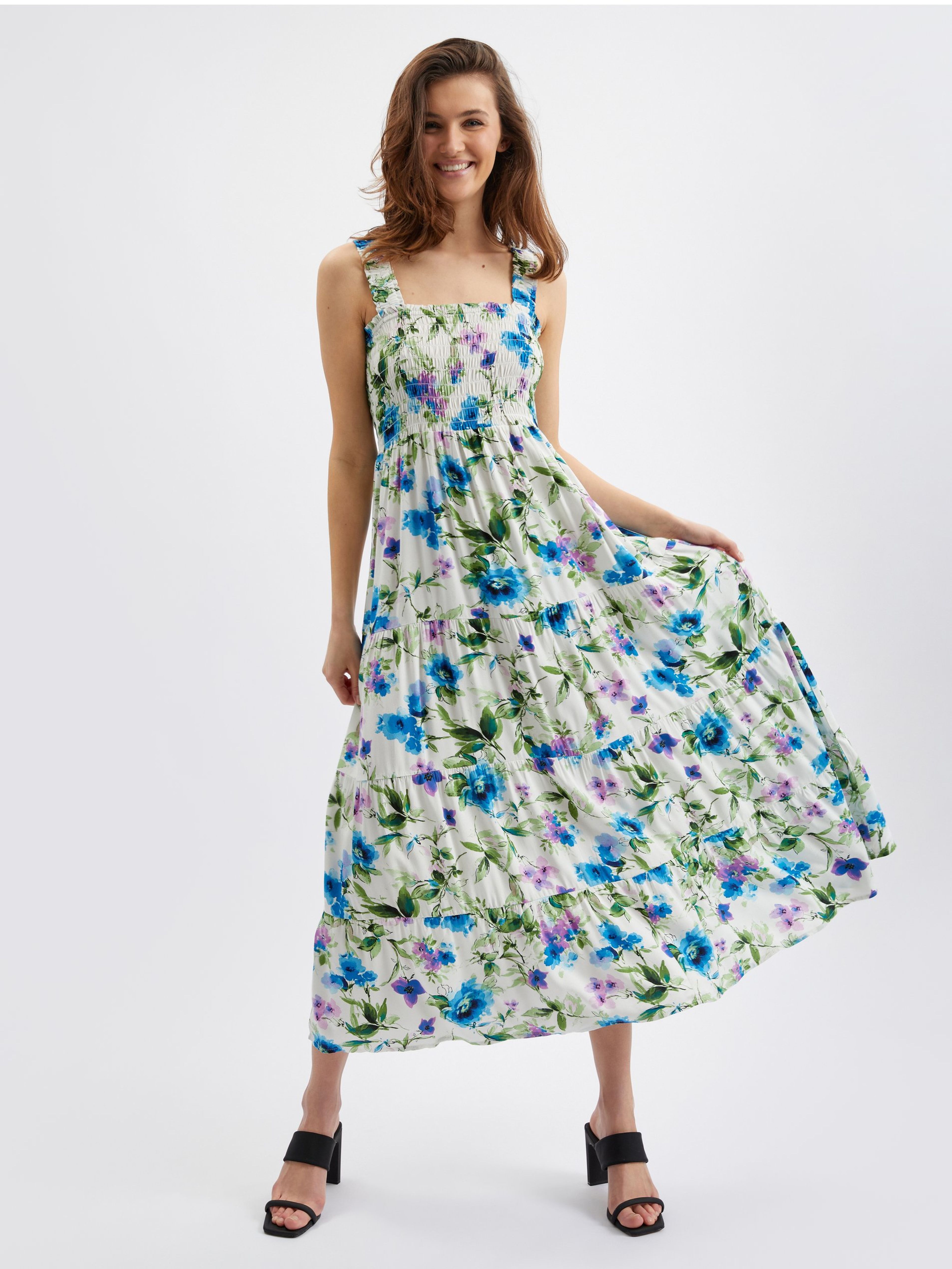 Niebiesko-kremowa damska sukienka w kwiaty ORSAY