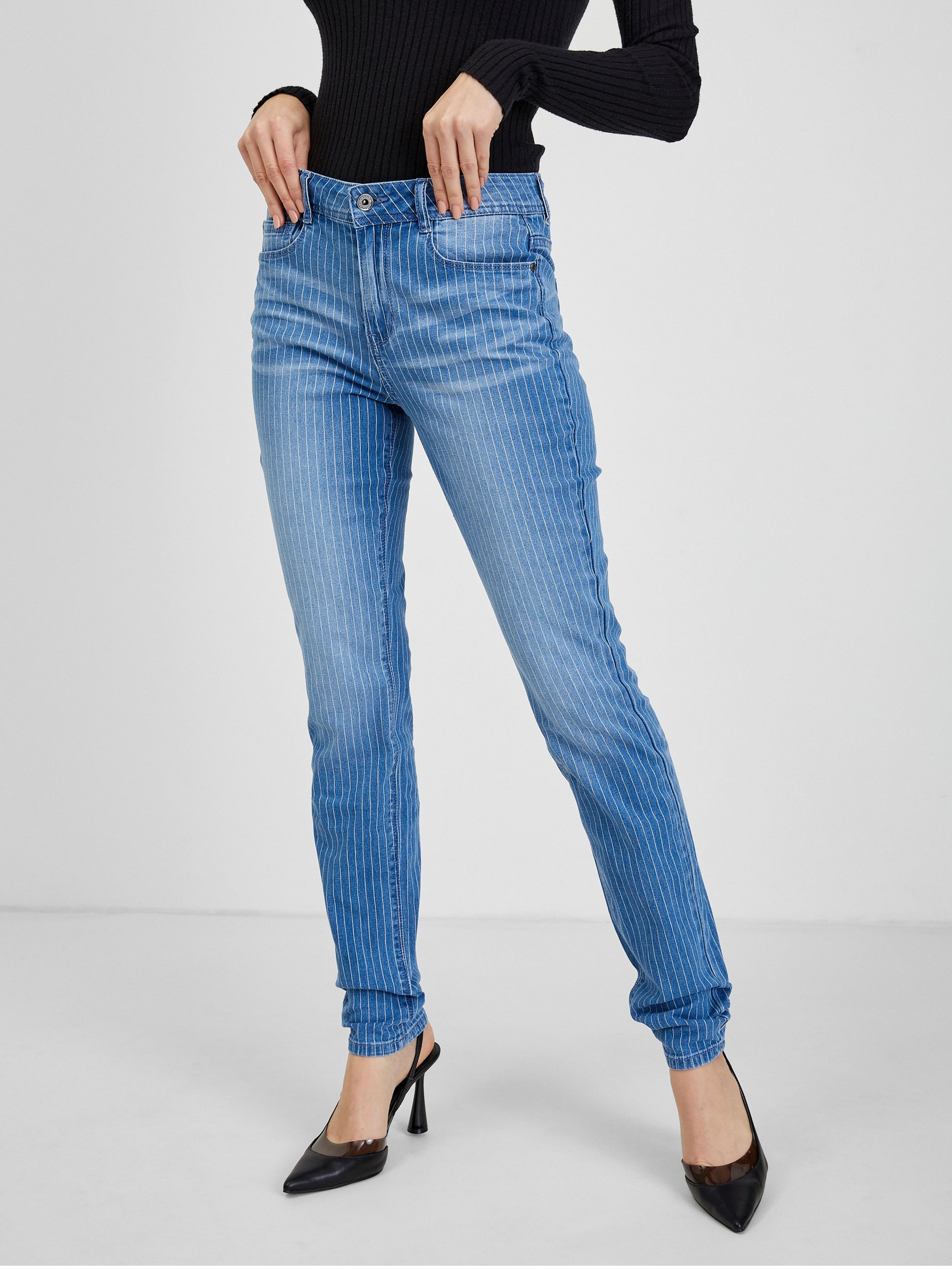 Modré dámske pruhované slim fit džínsy ORSAY