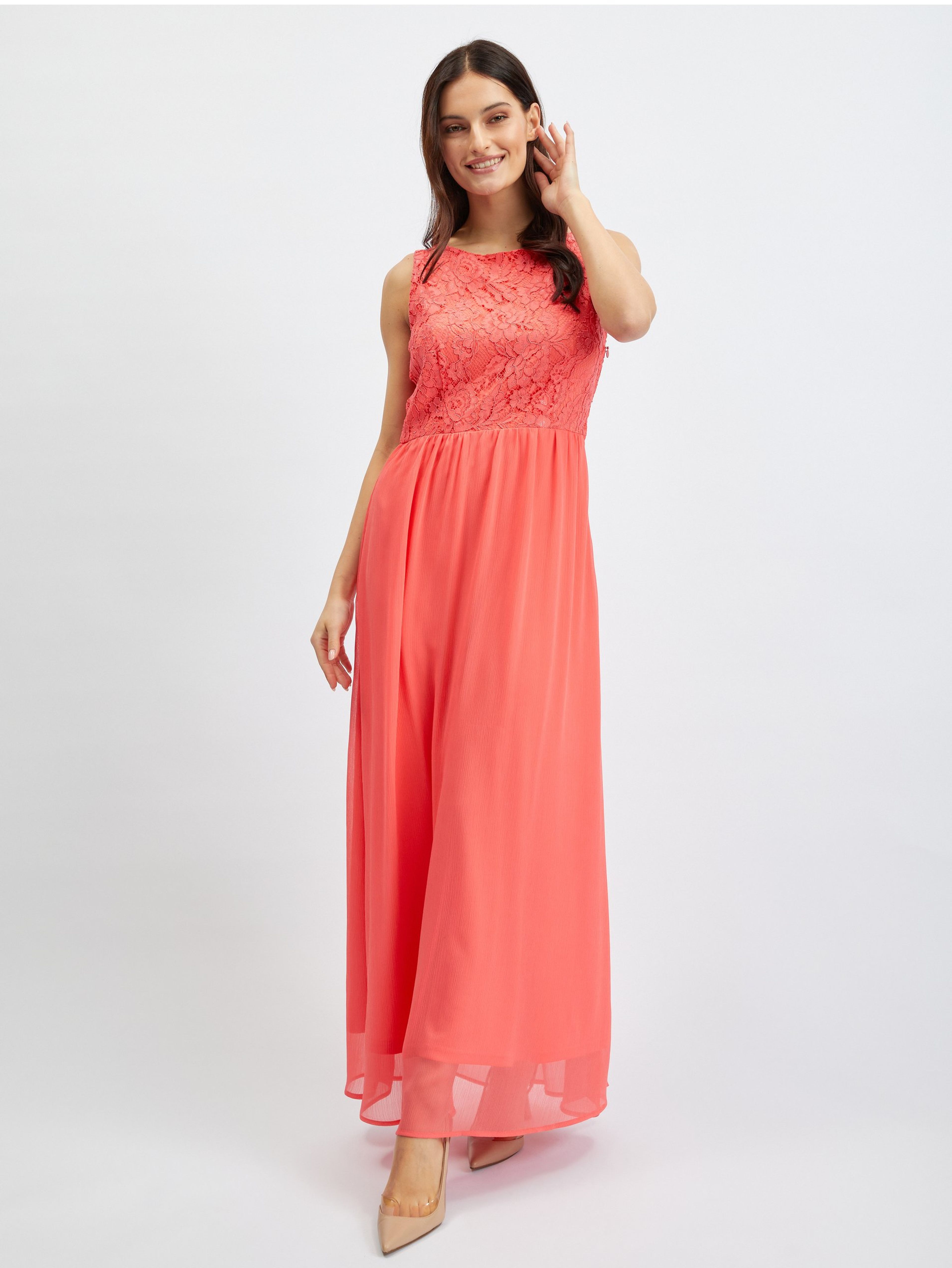 Růžové dámské krajkované maxi šaty ORSAY
