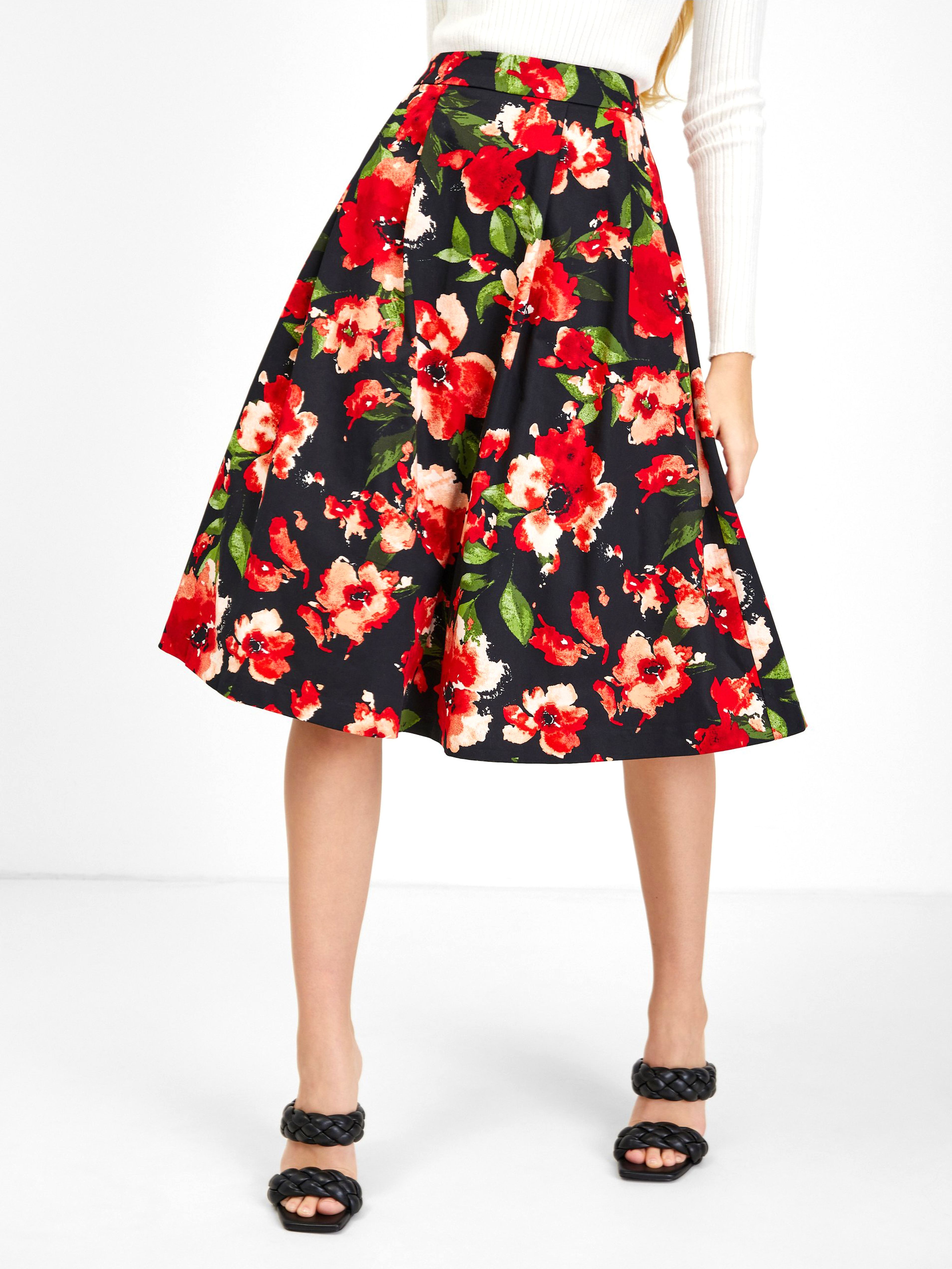Červeno-čierna dámska kvetinová sukňa ORSAY