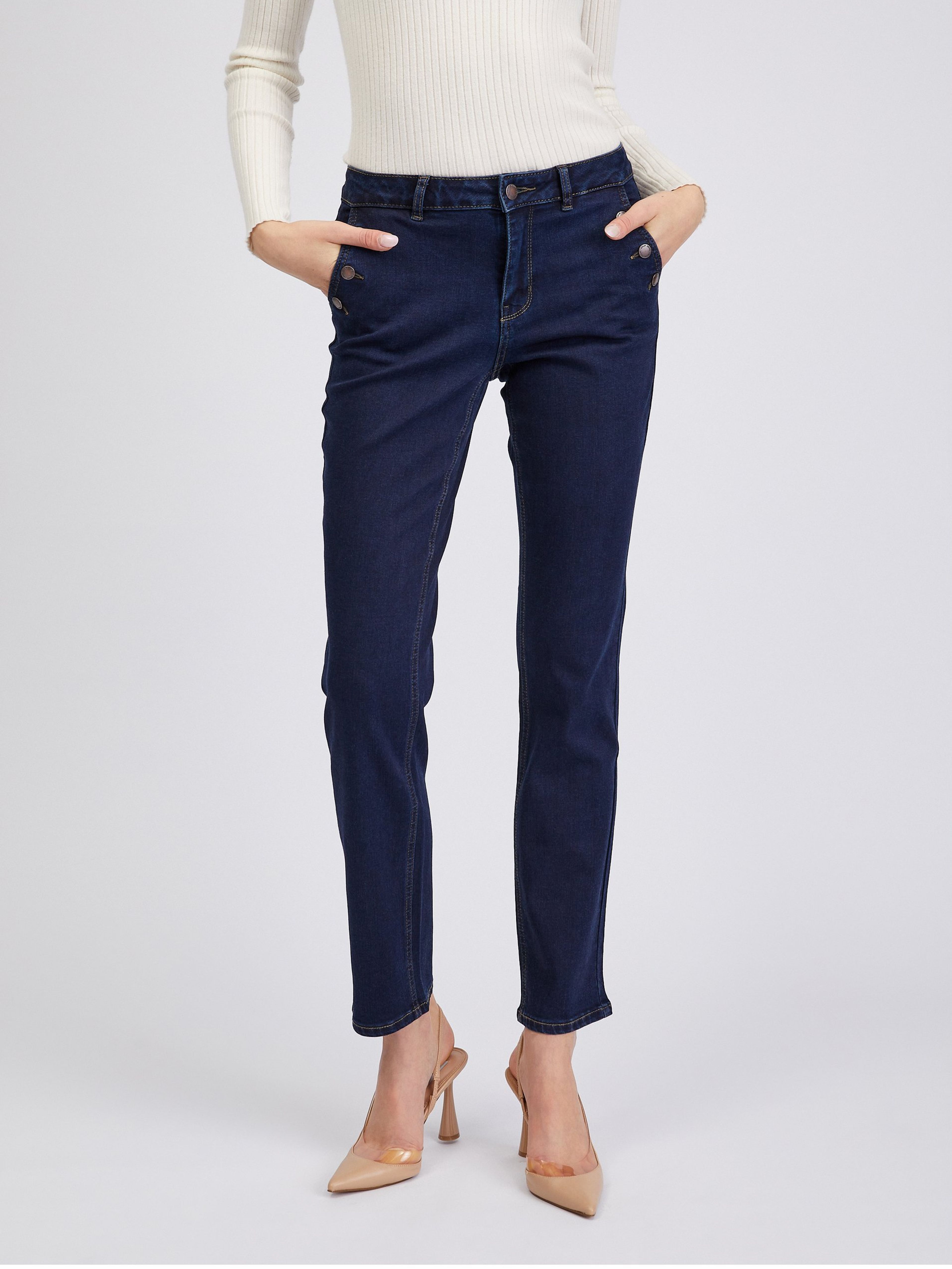 Ciemnoniebieskie damskie jeansy straight fit ORSAY