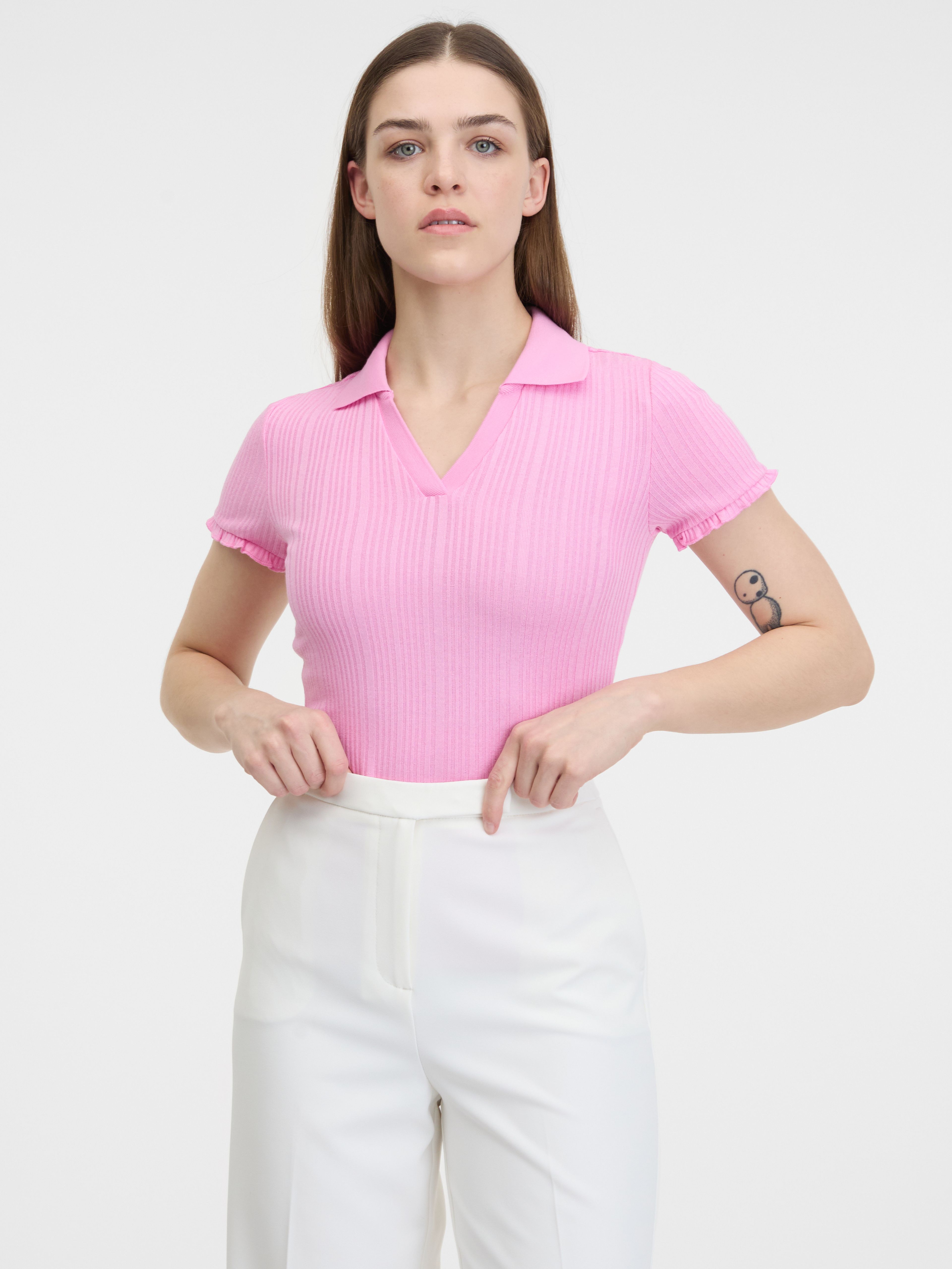 Różowa damska prążkowana koszulka polo ORSAY