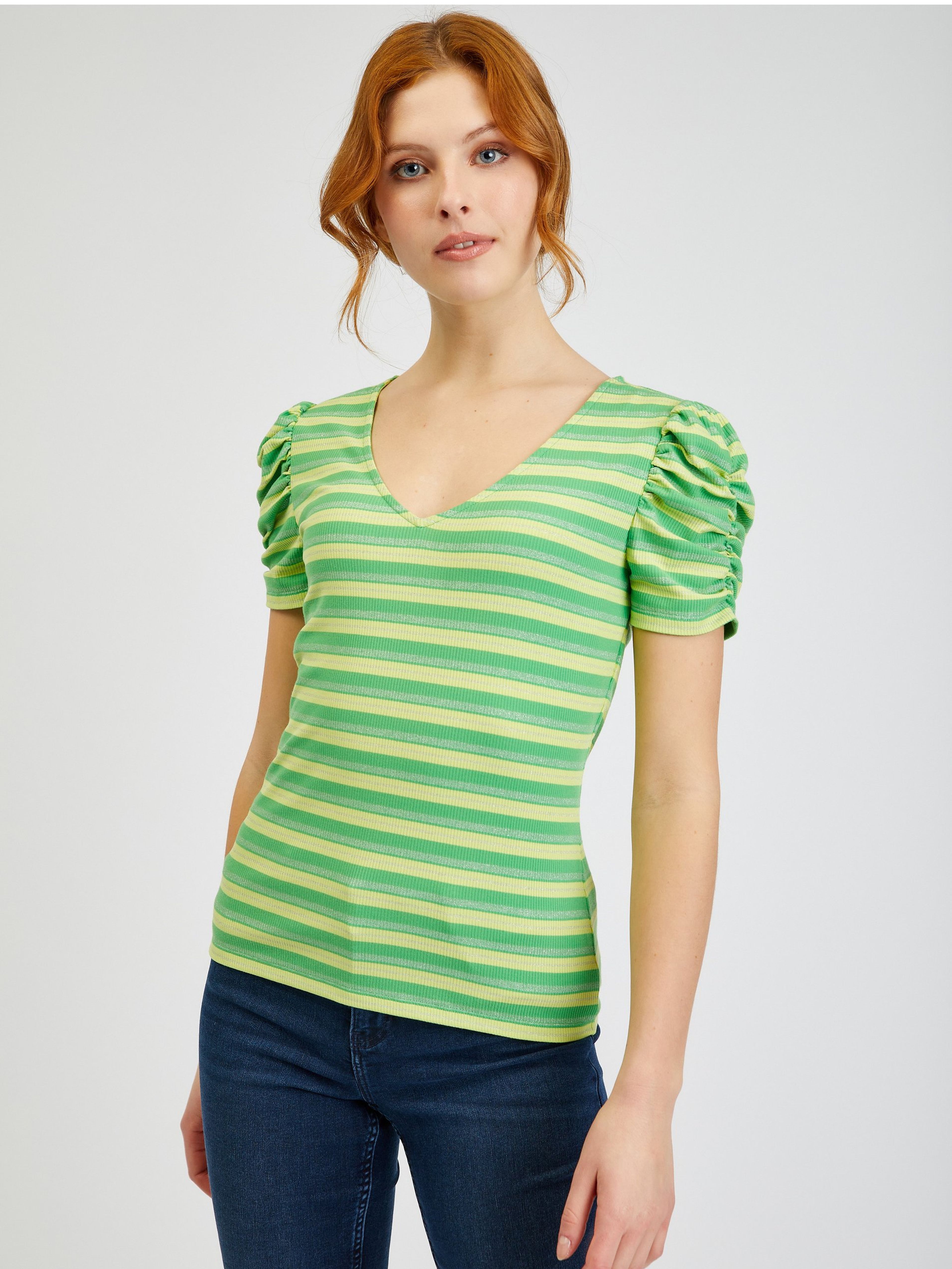 Gelb und grün gestreiftes Damen-T-Shirt ORSAY