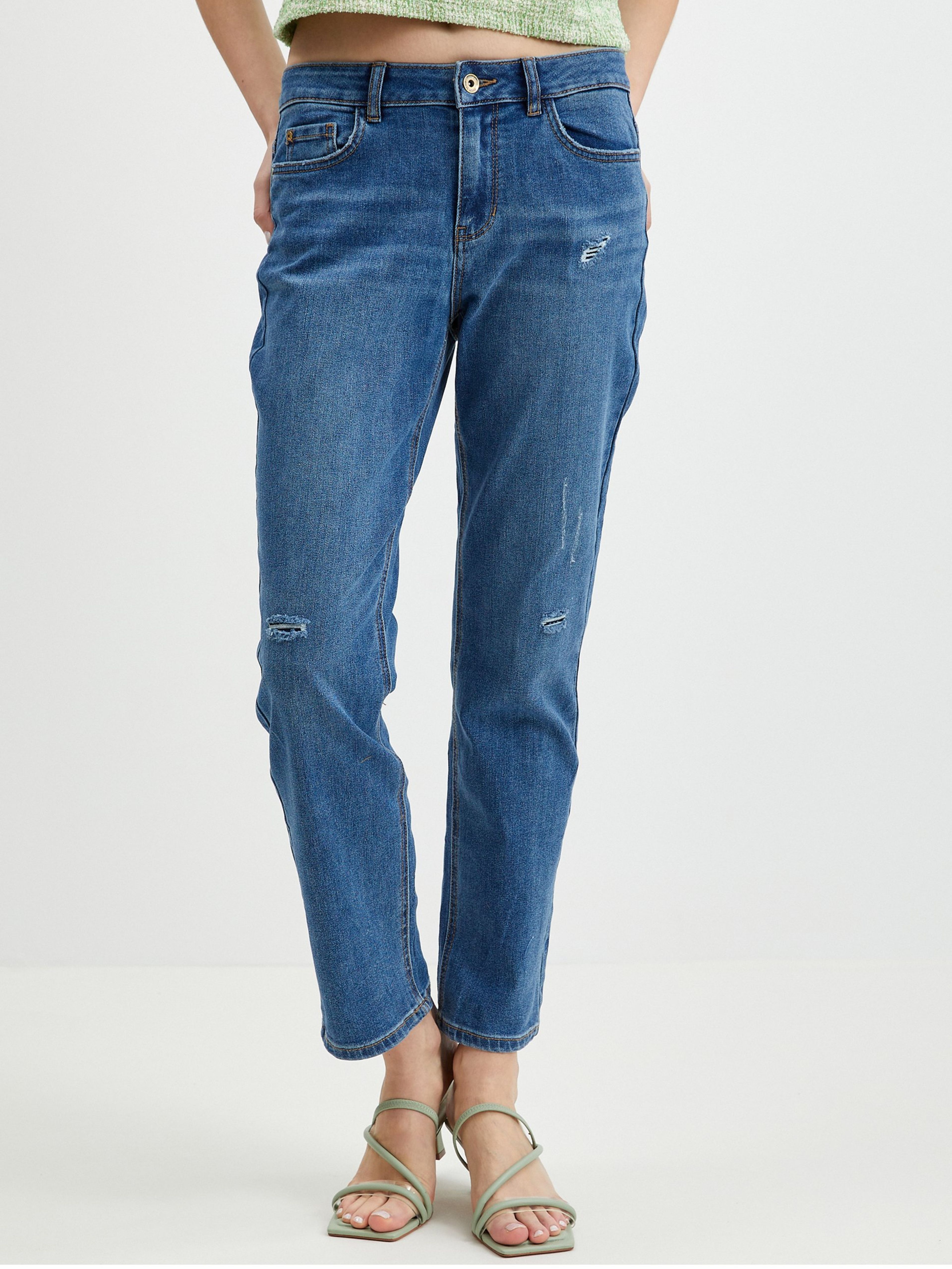 Ciemnoniebieskie damskie cropped straight fit jeansy ORSAY