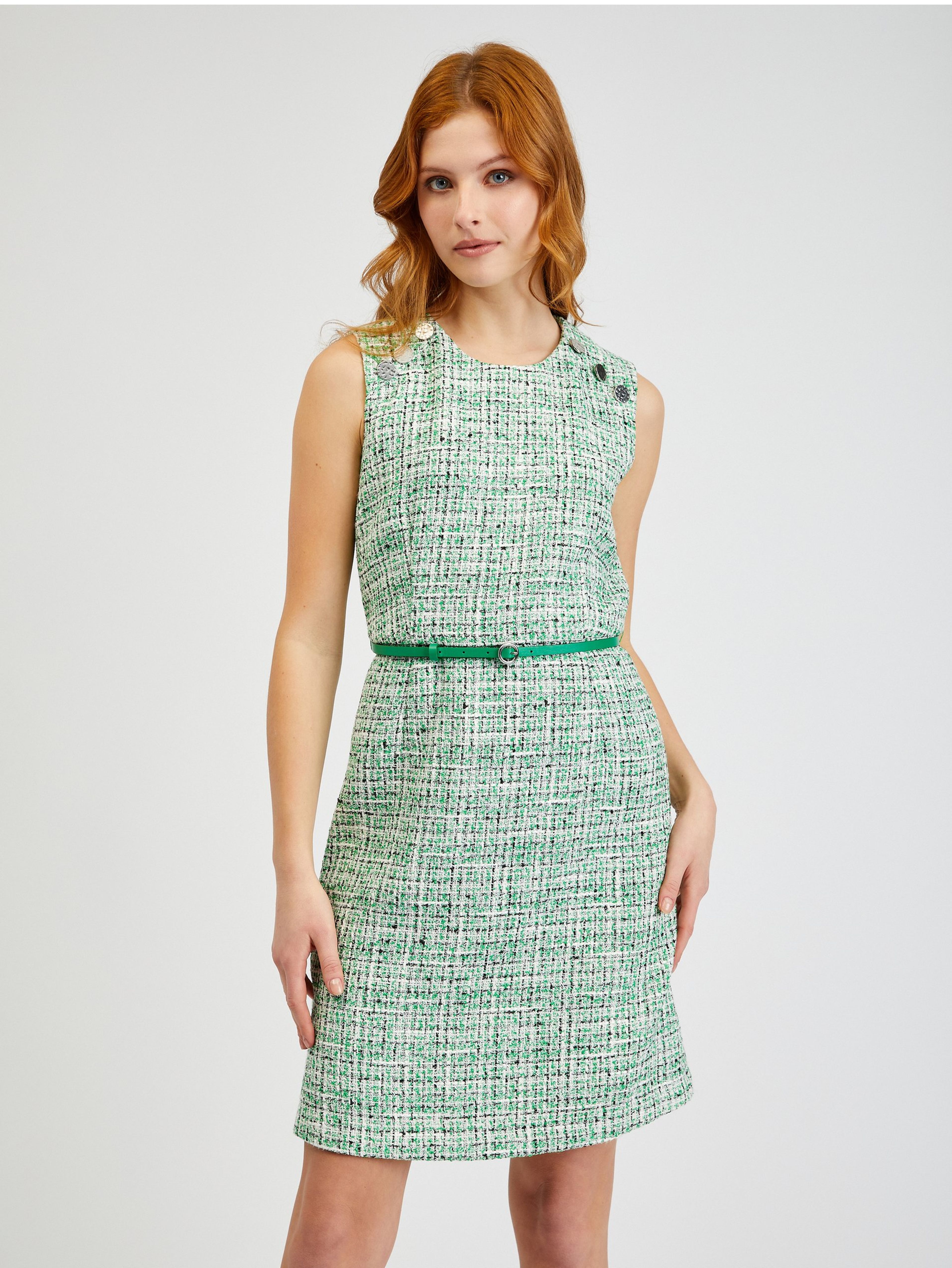 Zielona damska wzorzysta sukienka z paskiem ORSAY