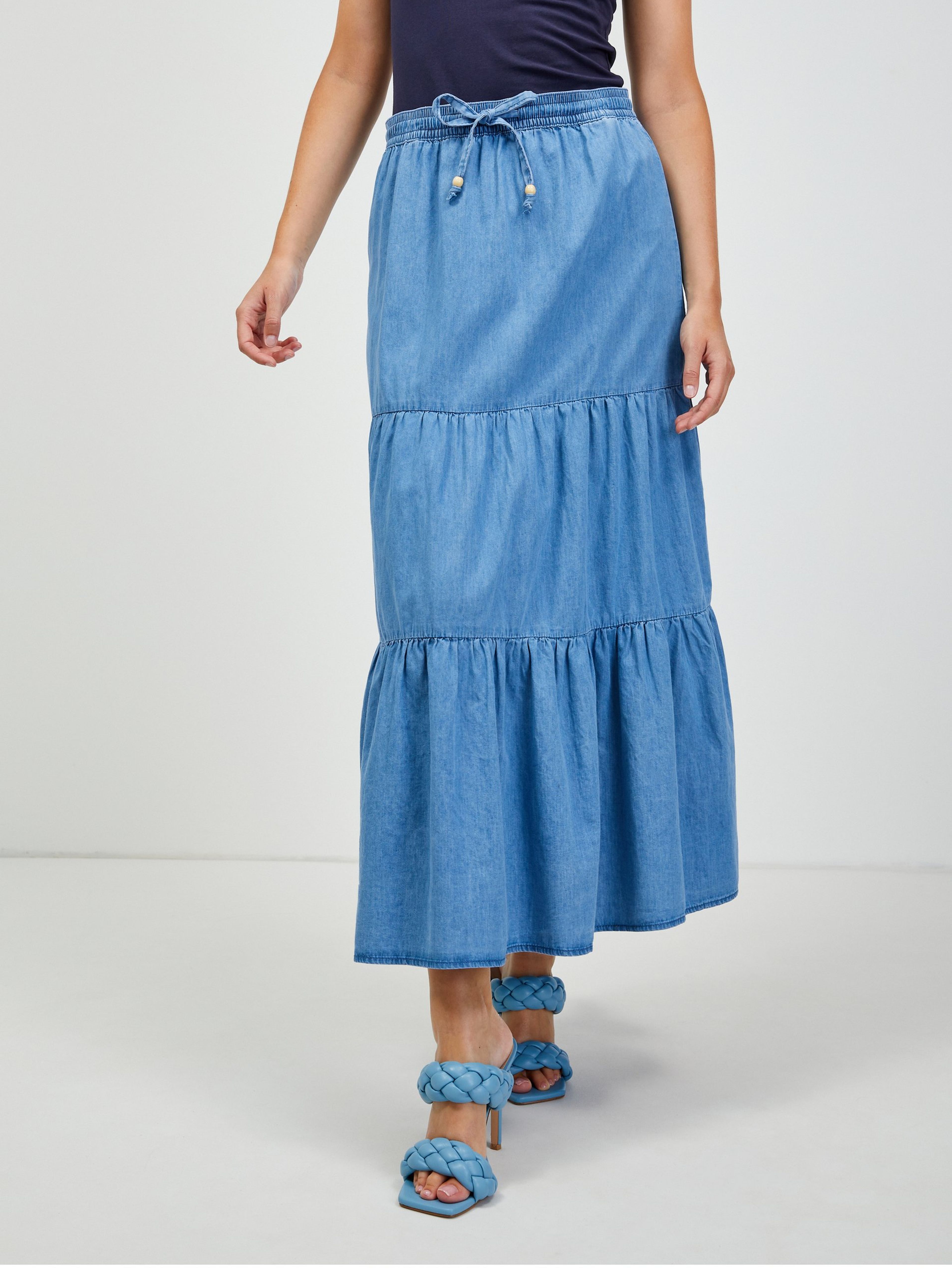 Modrá džínsová maxi sukňa s volánmi ORSAY