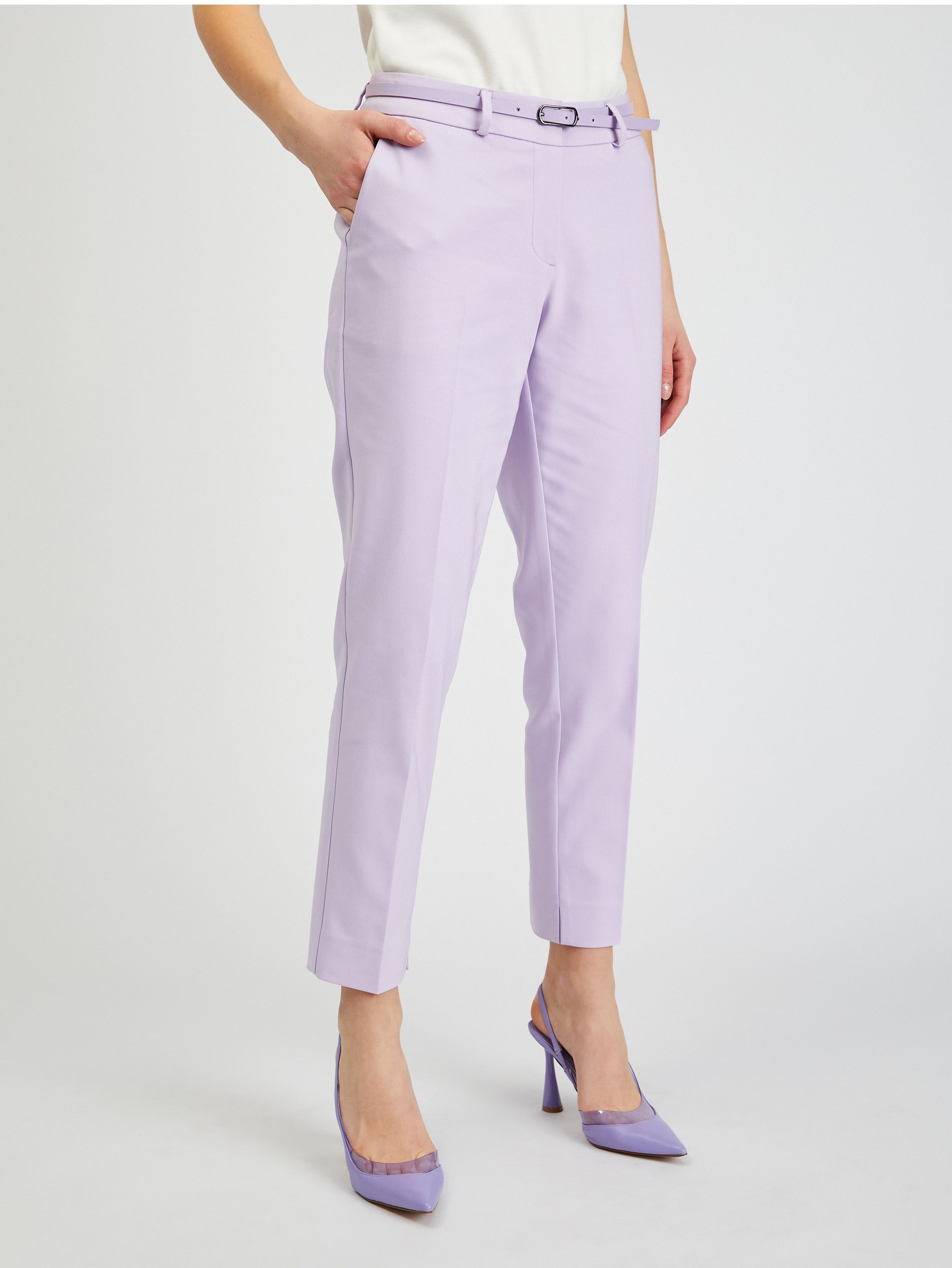 Světle fialové dámské zkrácené kalhoty s páskem ORSAY