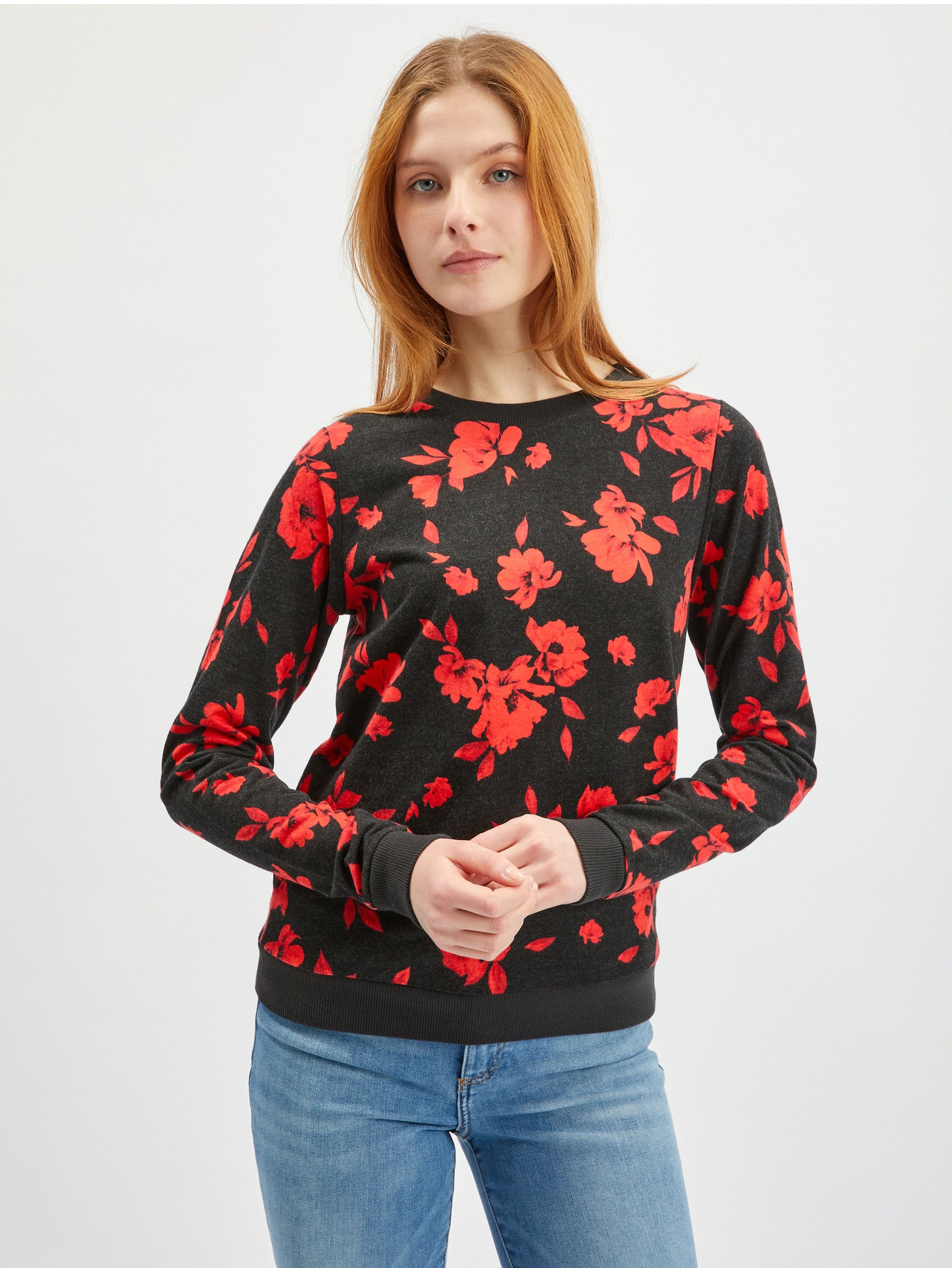 ORSAY piros-fekete virágmintás női kapucnis póló