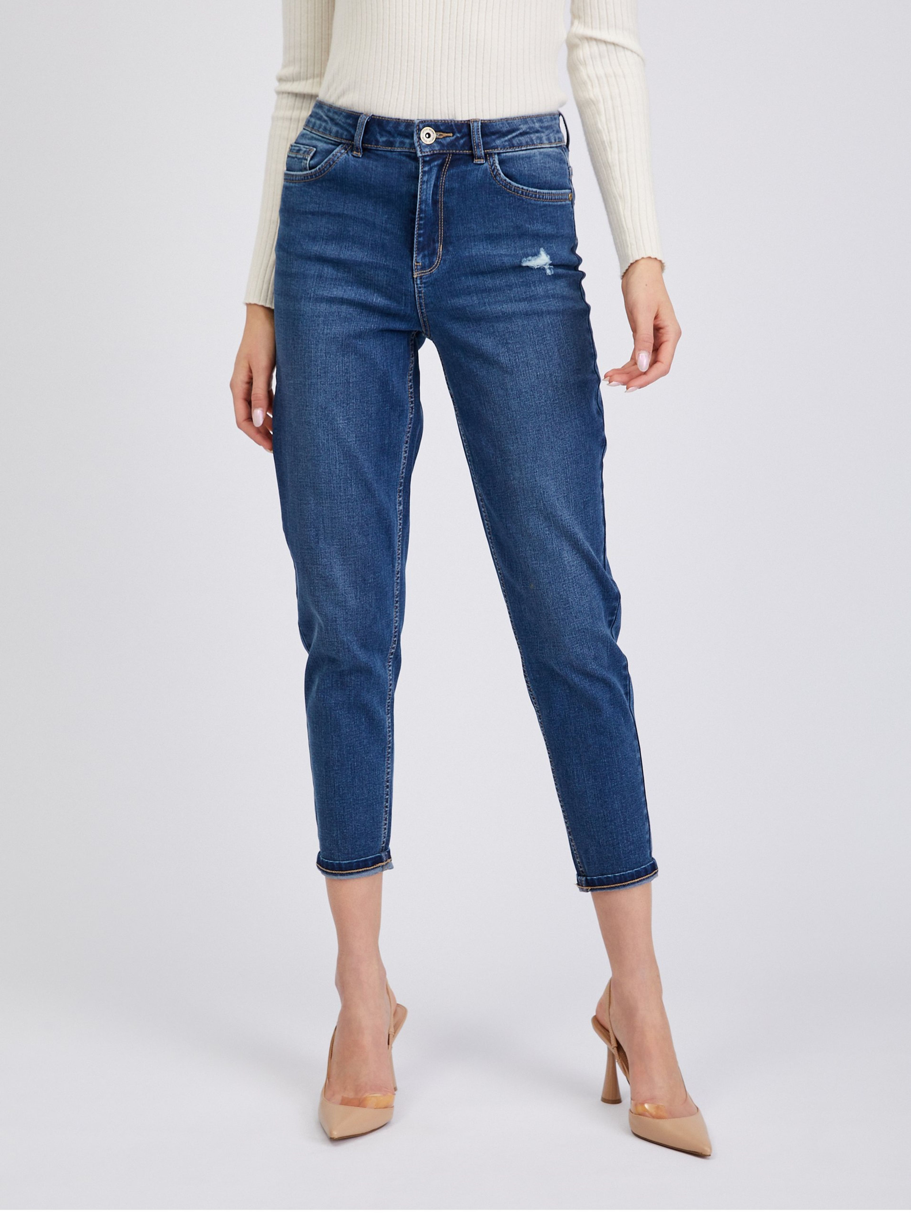 Ciemnoniebieskie damskie cropped mom fit jeansy ORSAY