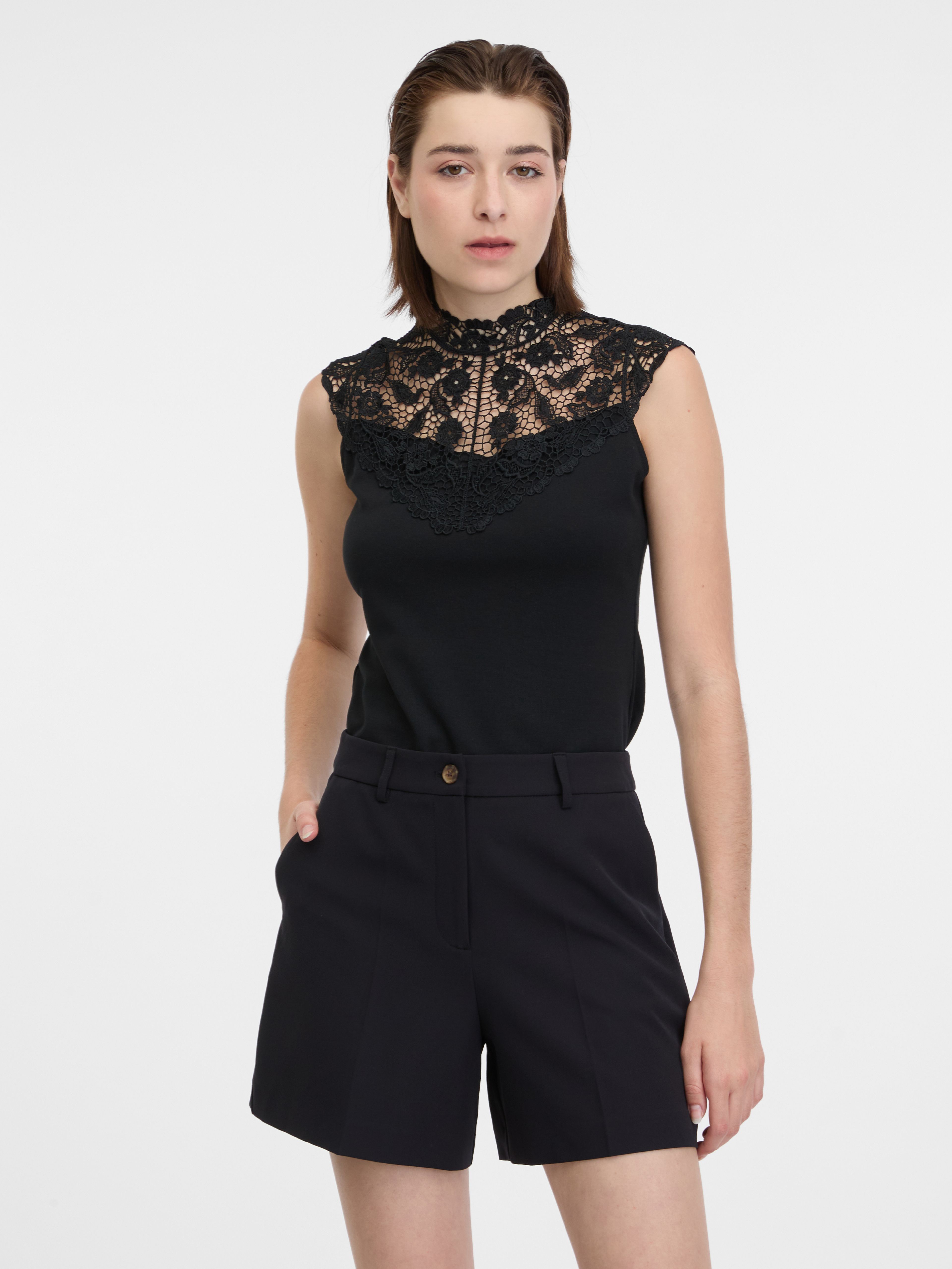 Tricou de damă negru cu detaliu din dantelă ORSAY