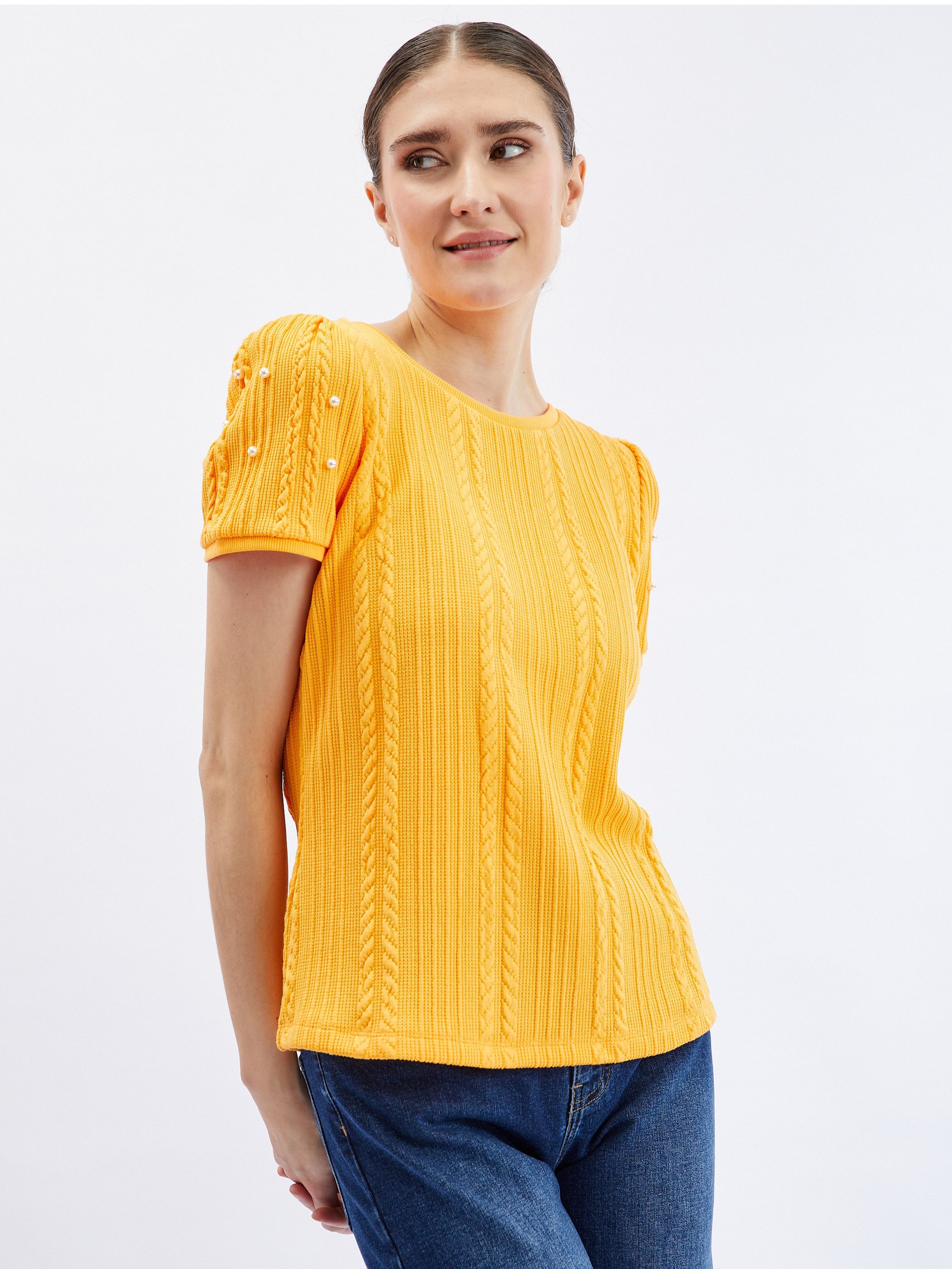 Żółty t-shirt damski z ozdobnymi detalami ORSAY