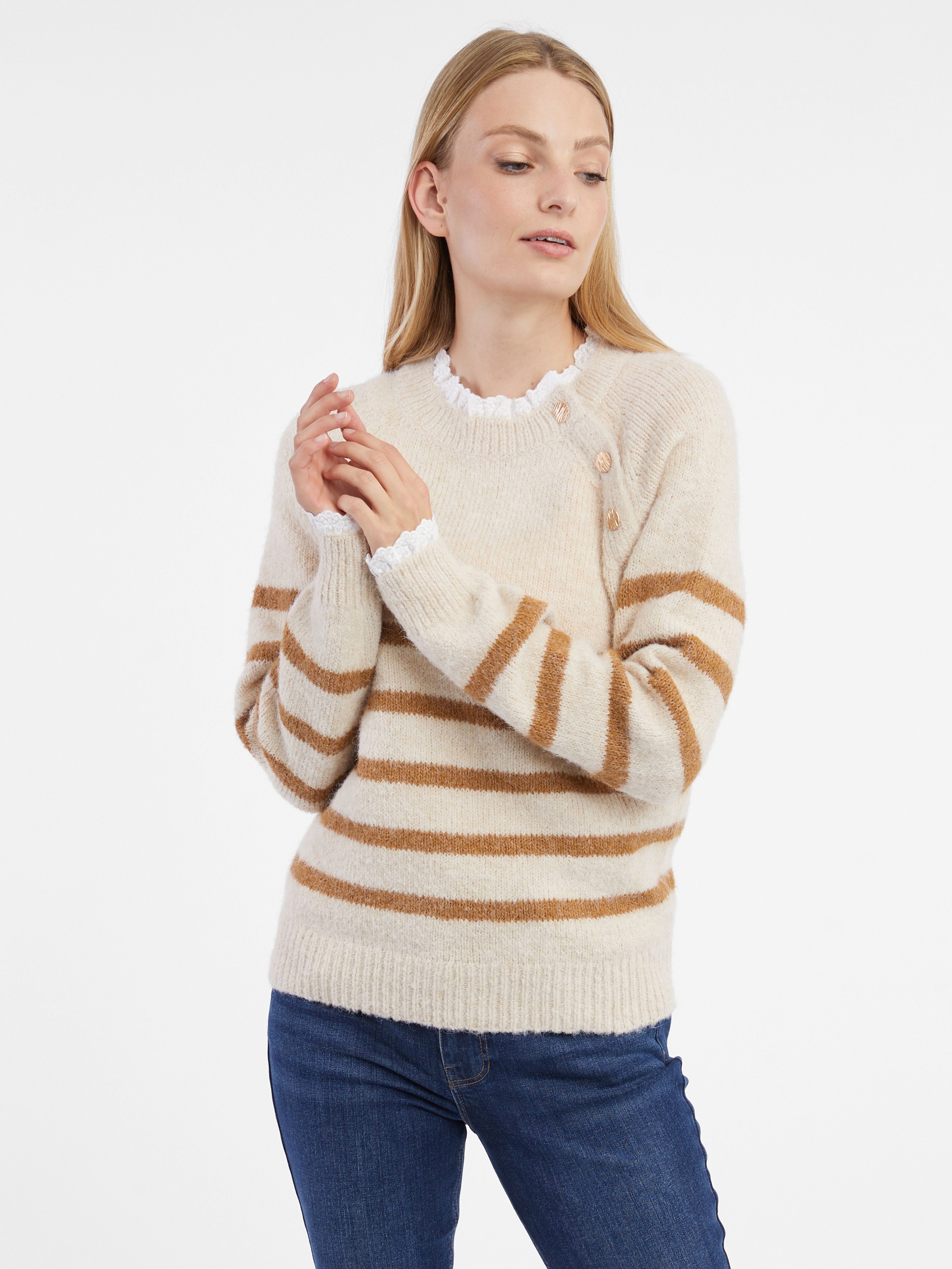 ORSAY bézs színű női csíkos pulóver