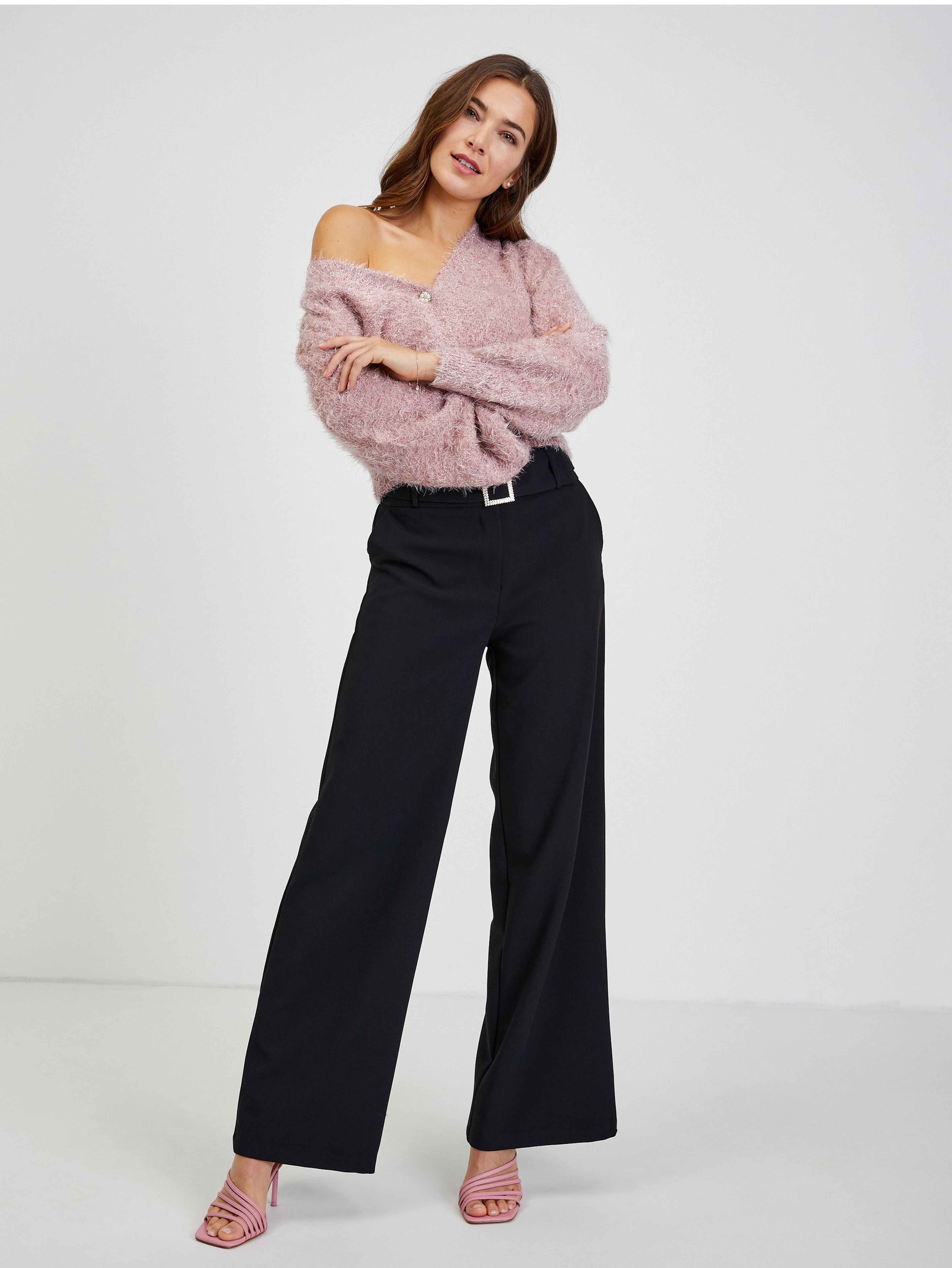 Schwarze breite Damenhose mit Gürtel ORSAY