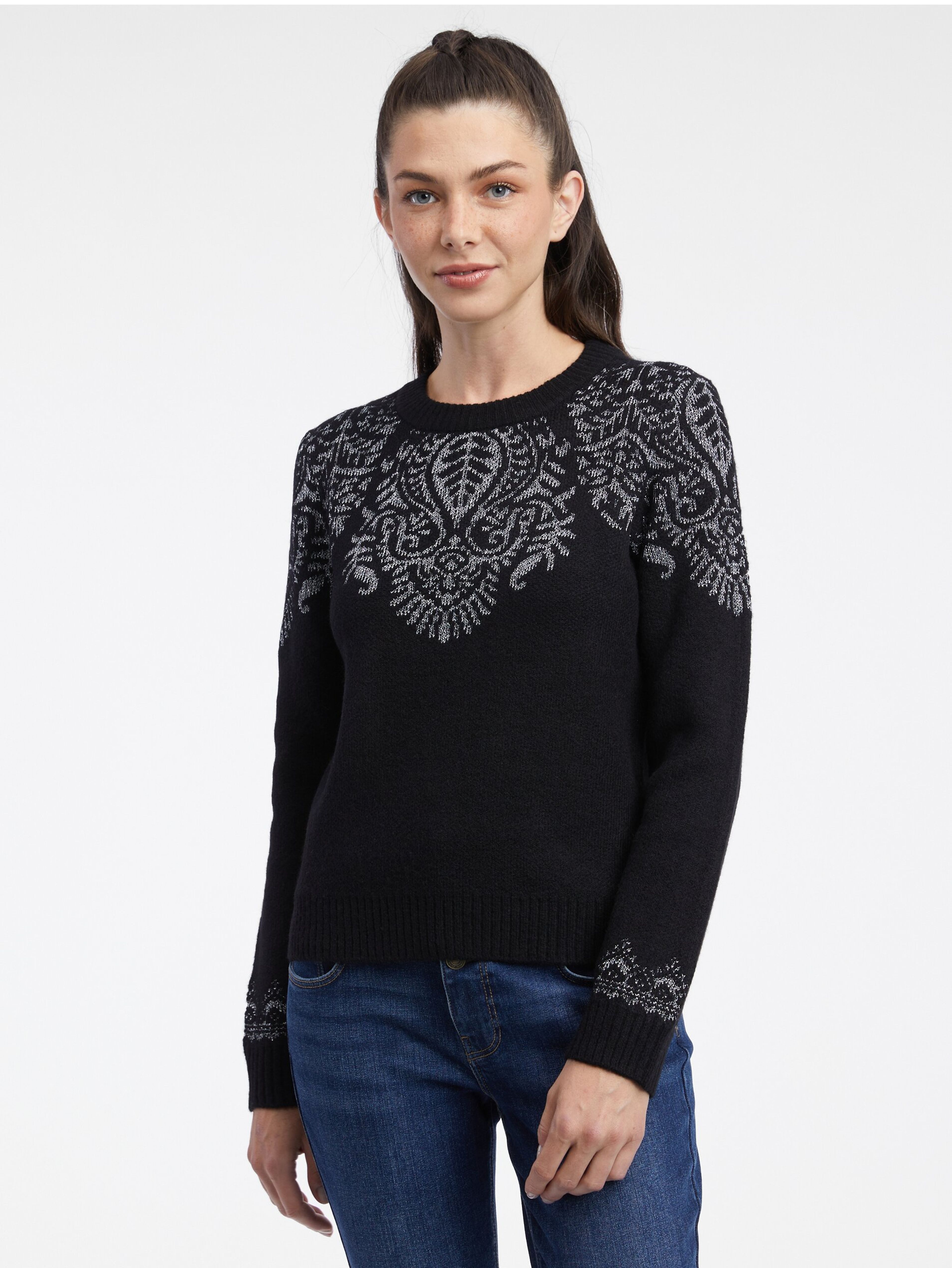 Czarny damski wzorzysty sweter ORSAY