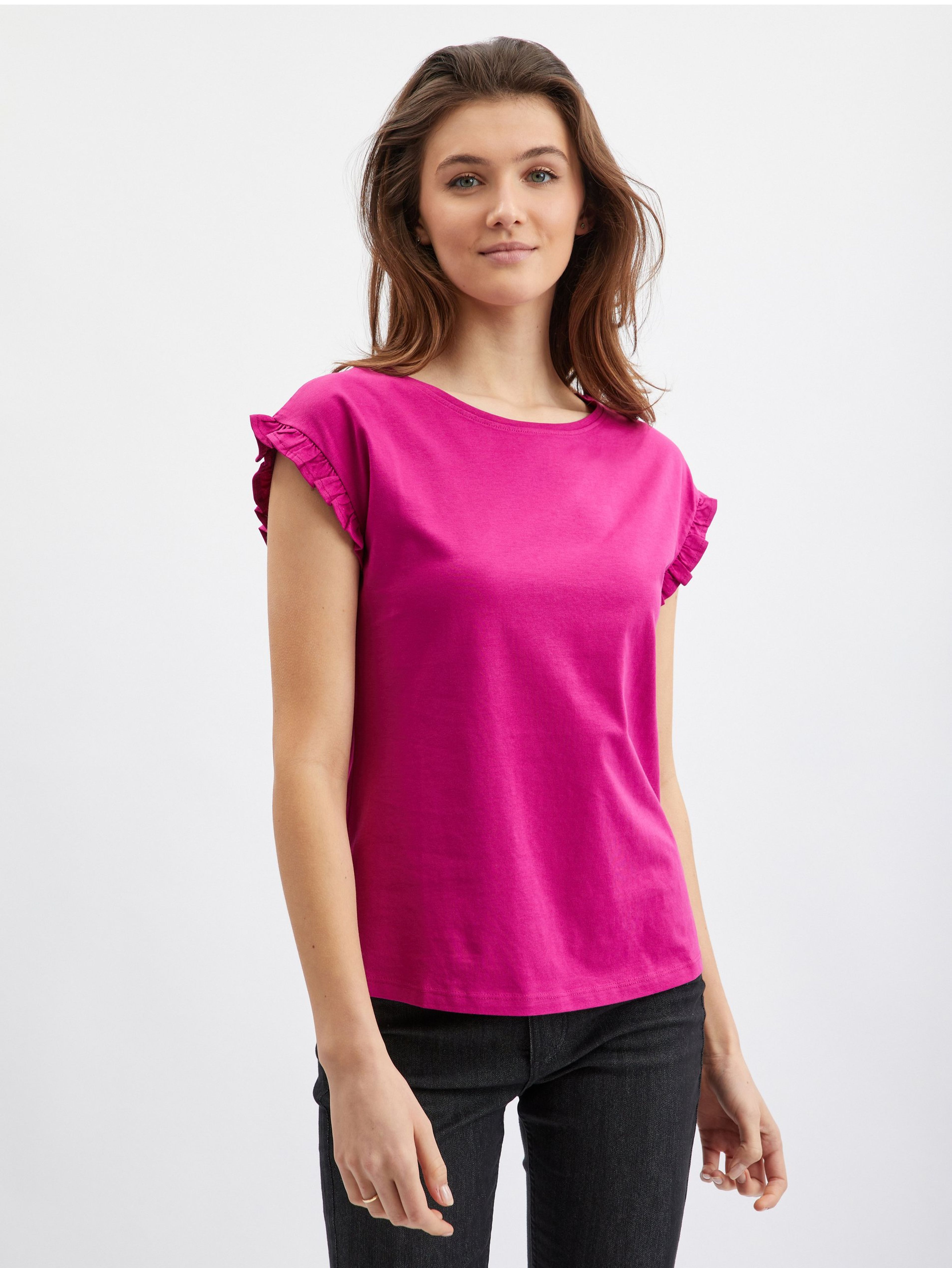 Tmavě růžové dámské tričko s volánem ORSAY