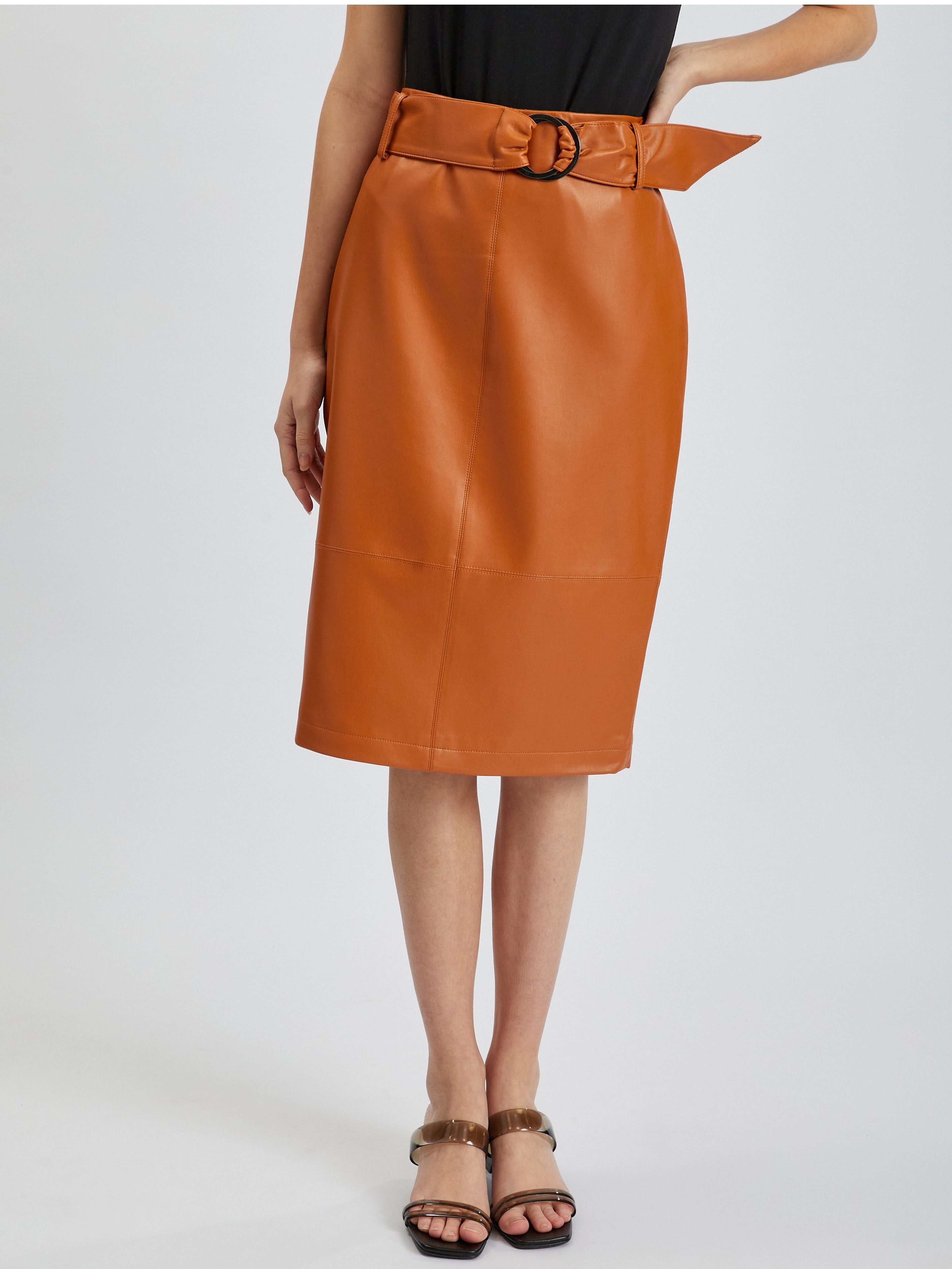 Hnedá dámska koženková sukňa s rukávmi ORSAY