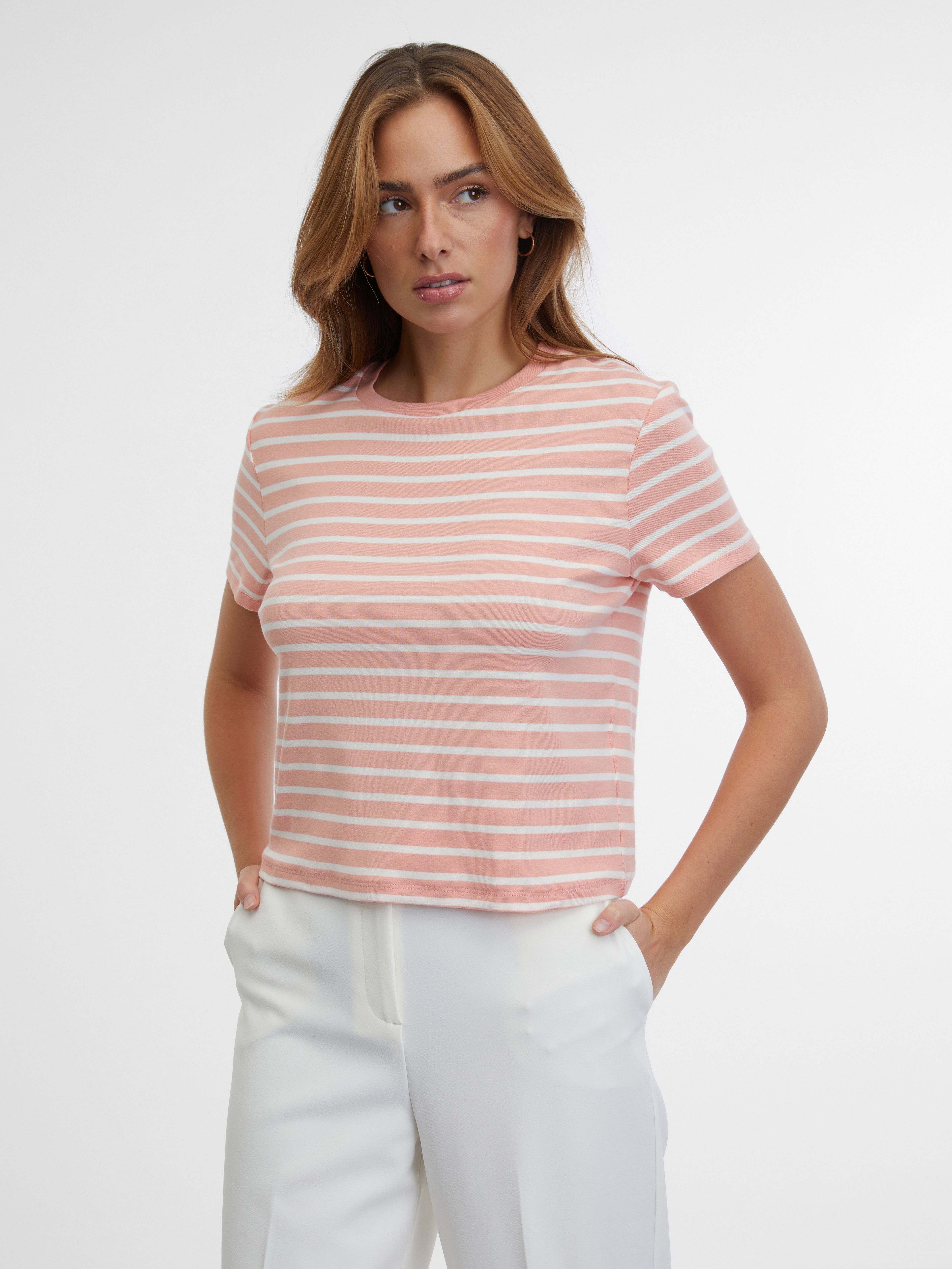 Creme und rosa gestreiftes Damen-T-Shirt ORSAY