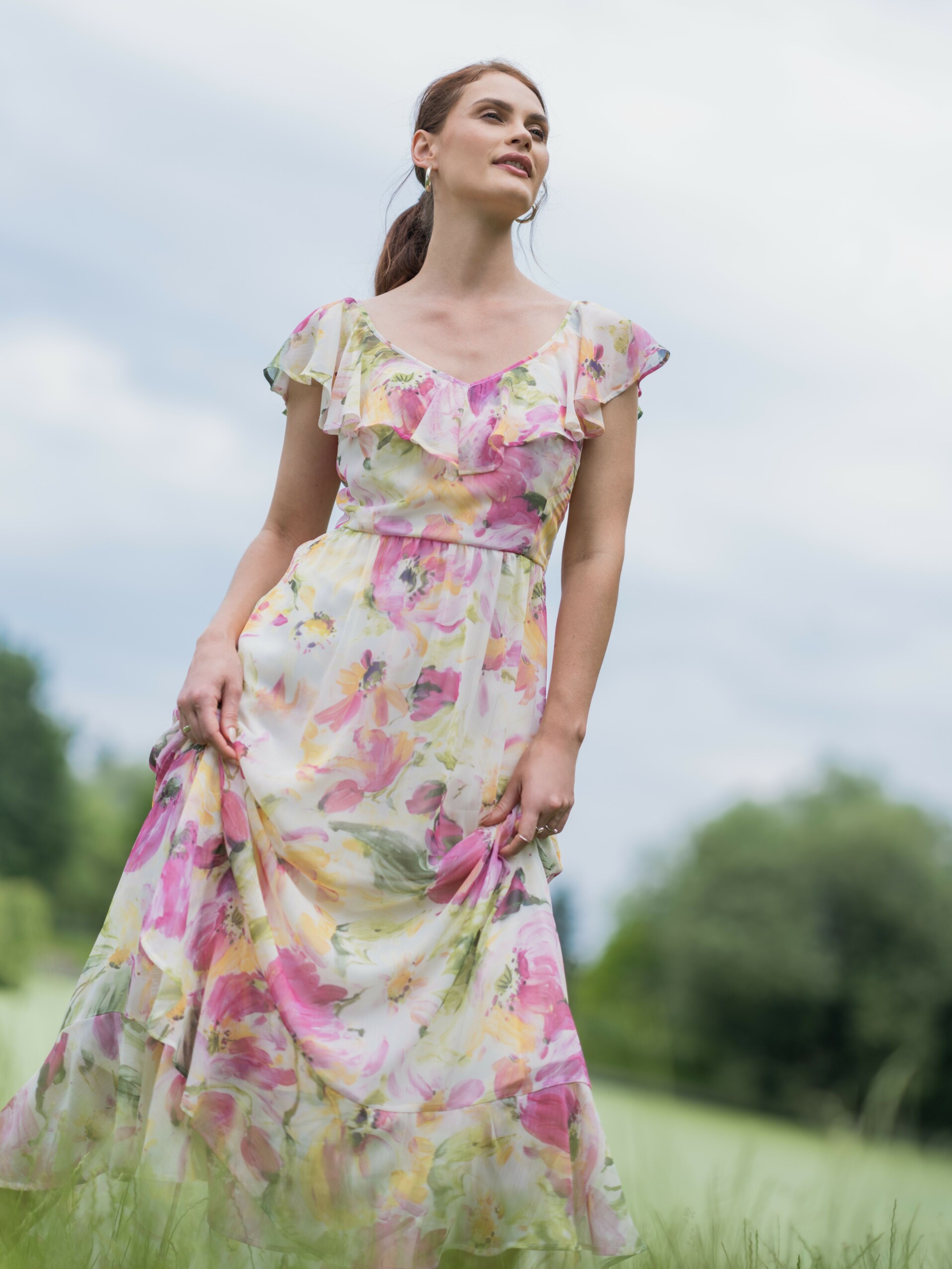 Różowo-biała damska sukienka maxi w kwiaty ORSAY
