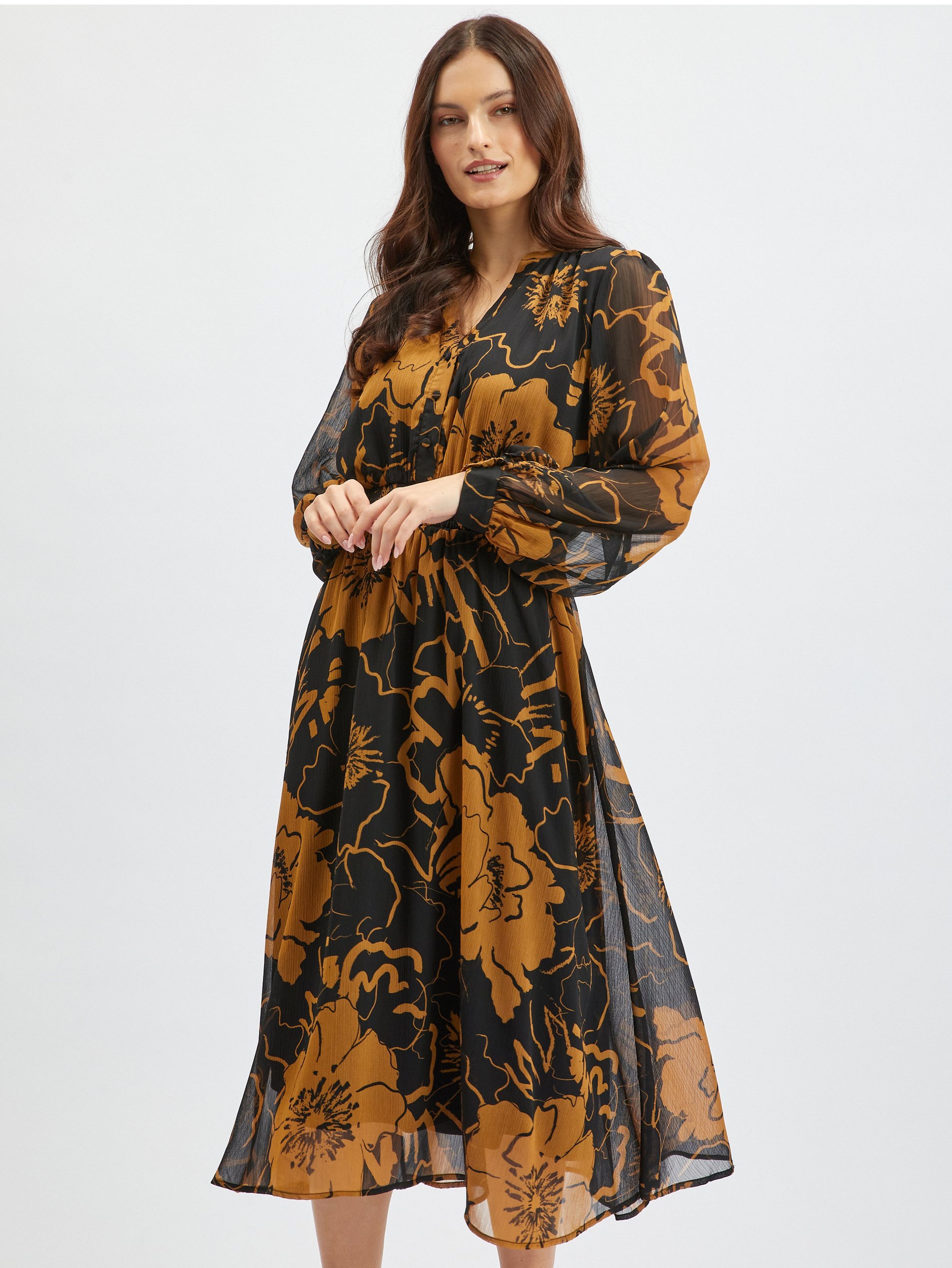 Brązowo-czarna damska sukienka midi w kwiaty ORSAY